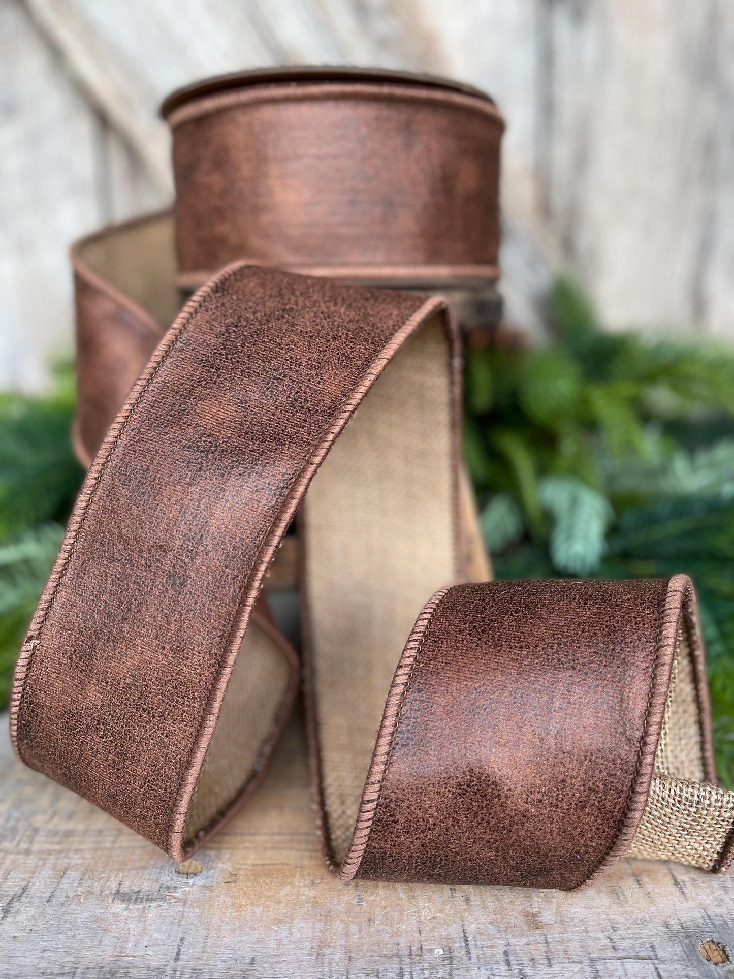 2.5" Brown Leather Ribbon, Wired Ribbon, Rustic Ribbon, Christmas Ribbon, Faux Leather Ribbon