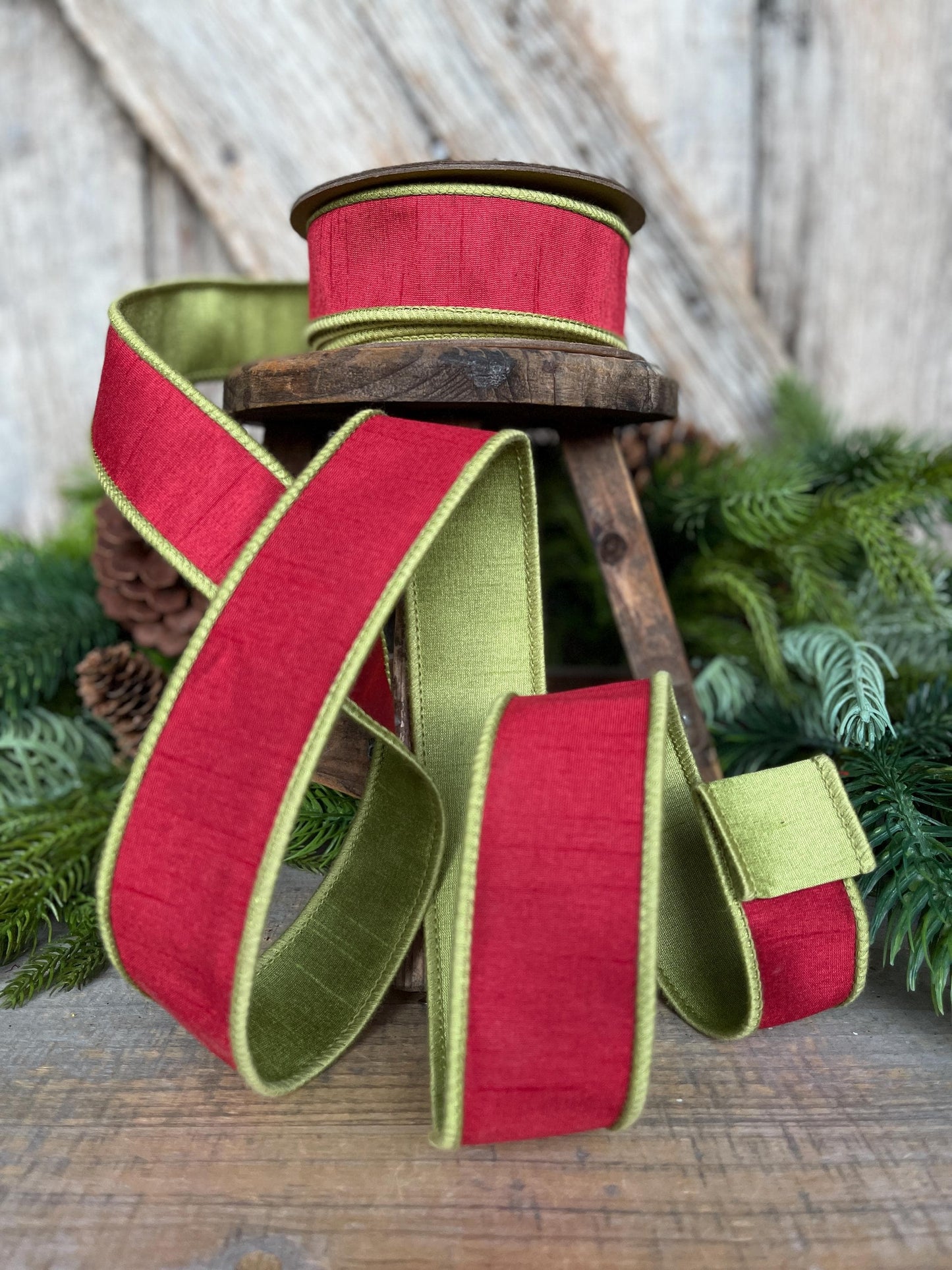 1.5" Red Green Dupion Ribbon, Christmas Ribbon, Double Sided Ribbon