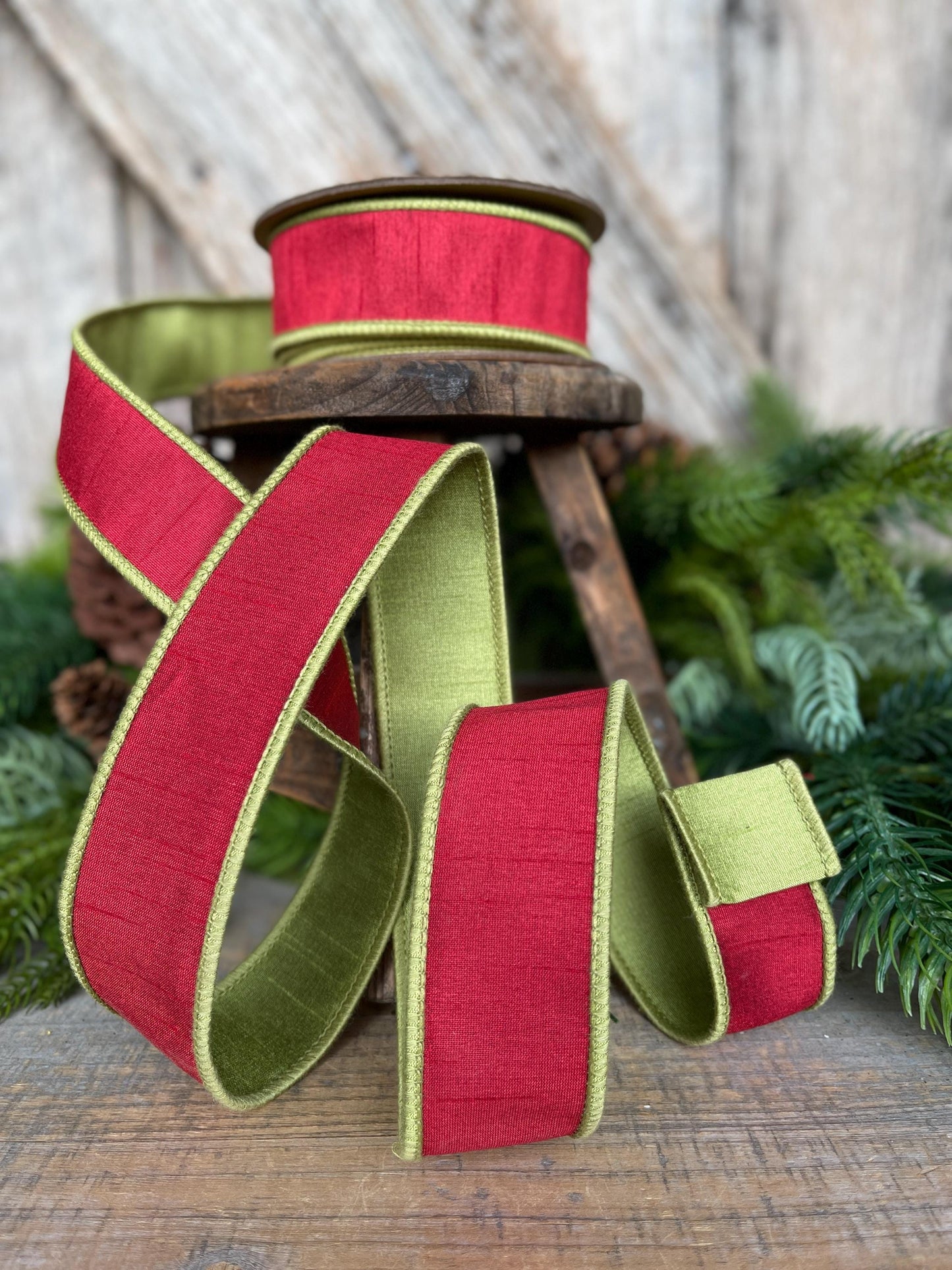 1.5" Red Green Dupion Ribbon, Christmas Ribbon, Double Sided Ribbon