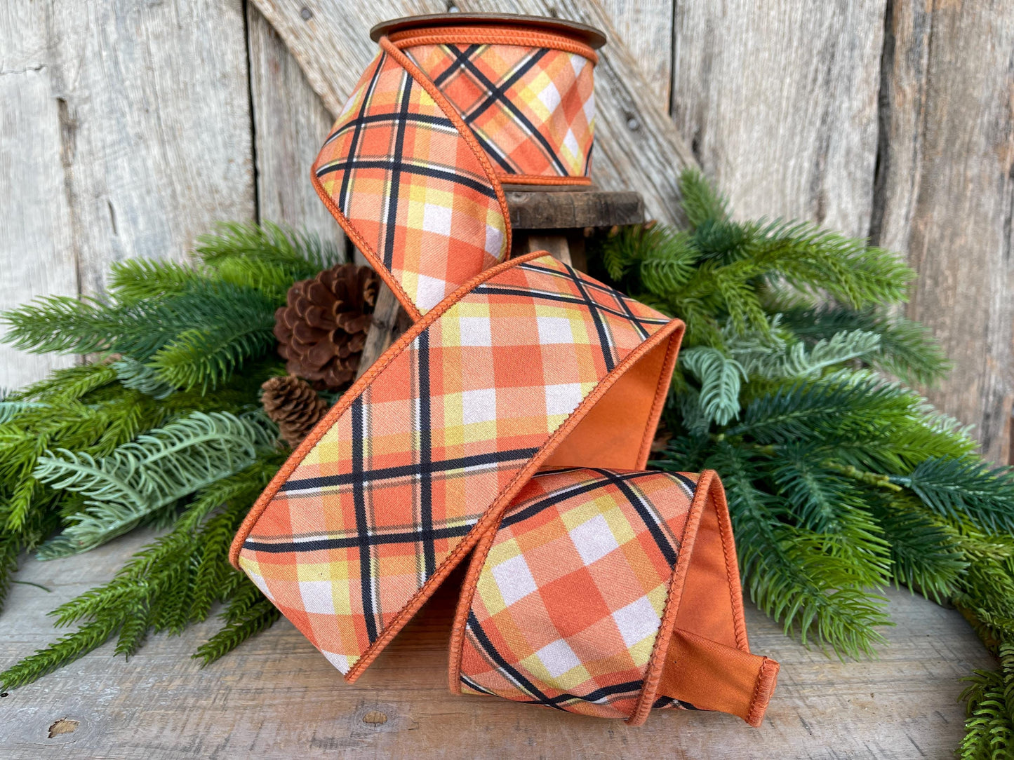 Candy Corn Plaid Wired Ribbon: Halloween Fall Decor, 2.5" x 10 Yards