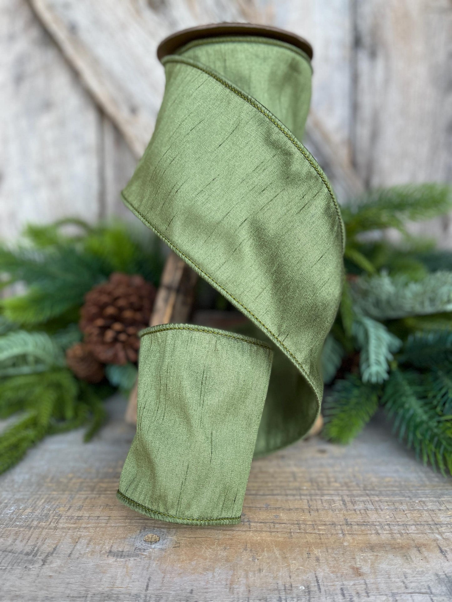 4" Dark Moss Green Ribbon, Wired RIbbon, Olive Green Ribbon