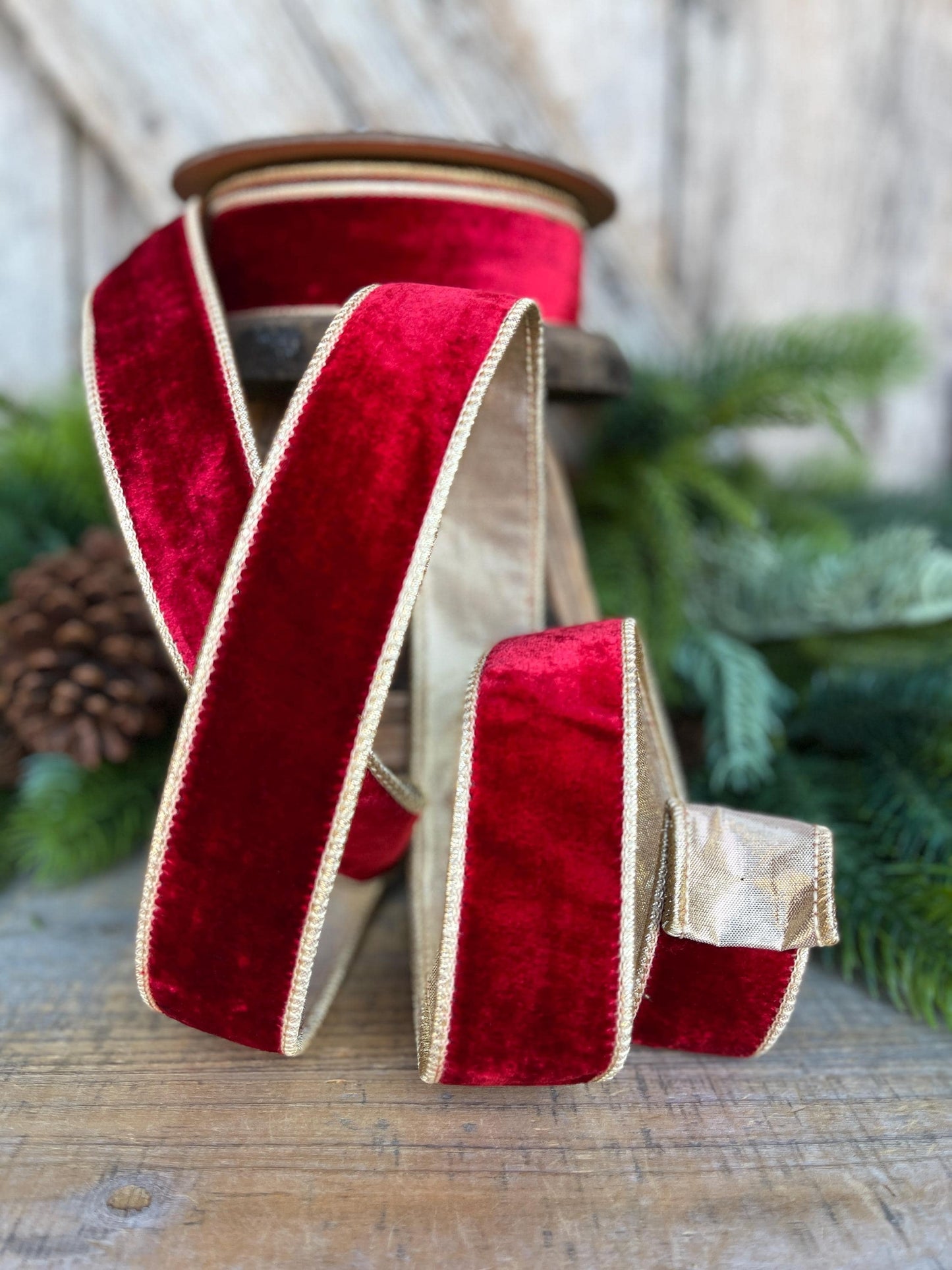 Red & Gold Velvet Wired Ribbon, Red Christmas Ribbon, 1.5" x 10 Yards