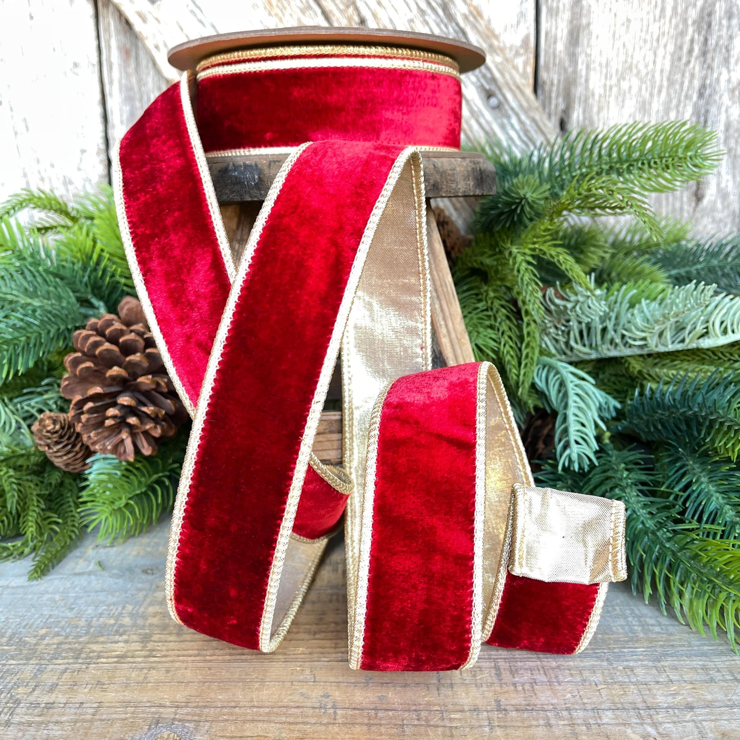 Red & Gold Velvet Wired Ribbon, Red Christmas Ribbon, 1.5" x 10 Yards