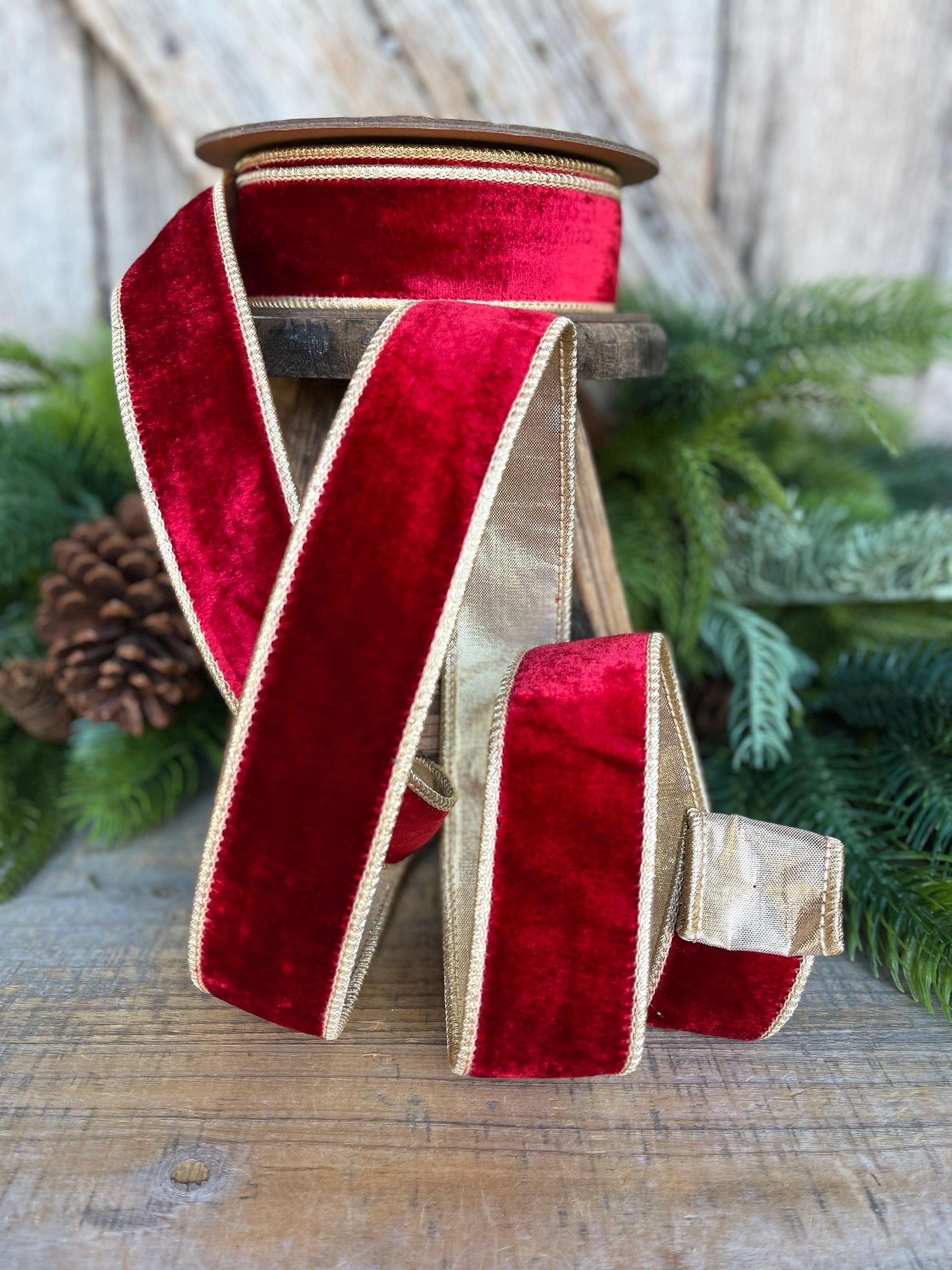 Red & Gold Velvet Wired Ribbon, Red Christmas Ribbon, 1.5" x 10 Yards