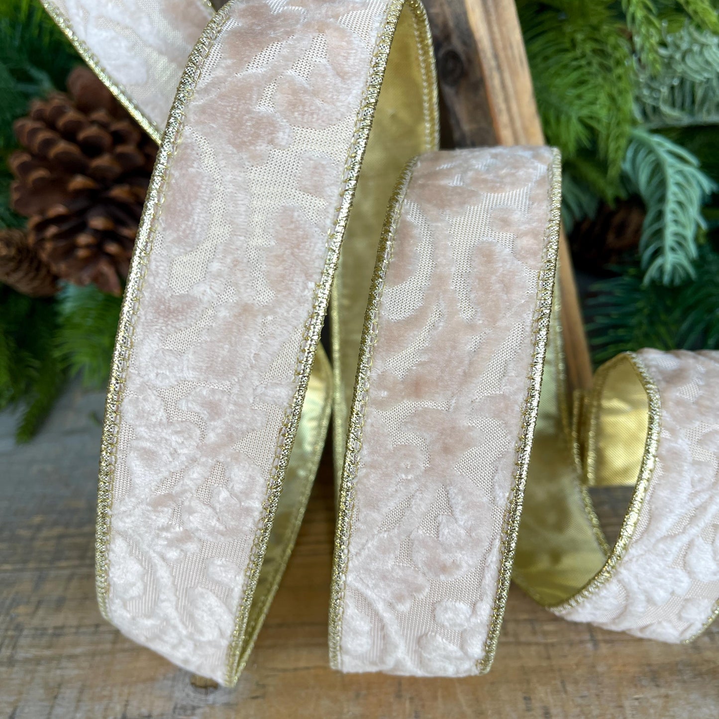 1.5" Ivory Velvet Ribbon, Ivory Ribbon, Embossed Velvet Ribbon