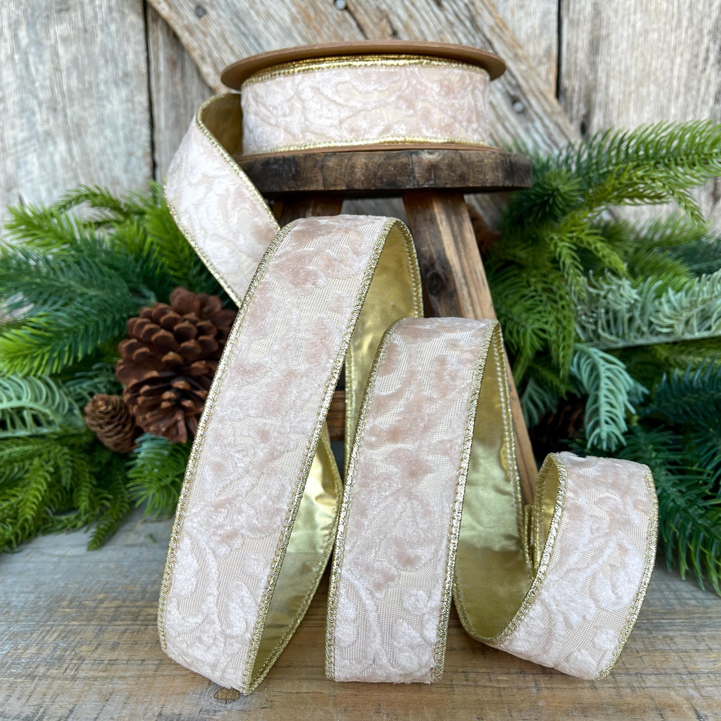 1.5" Ivory Velvet Ribbon, Ivory Ribbon, Embossed Velvet Ribbon
