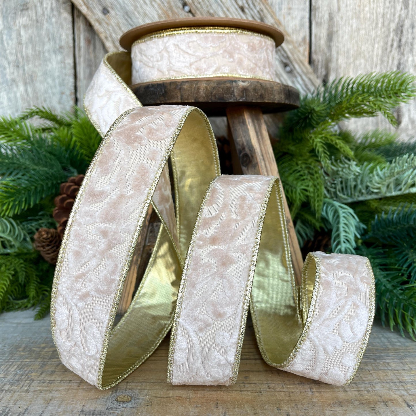1.5" Ivory Velvet Ribbon, Ivory Ribbon, Embossed Velvet Ribbon