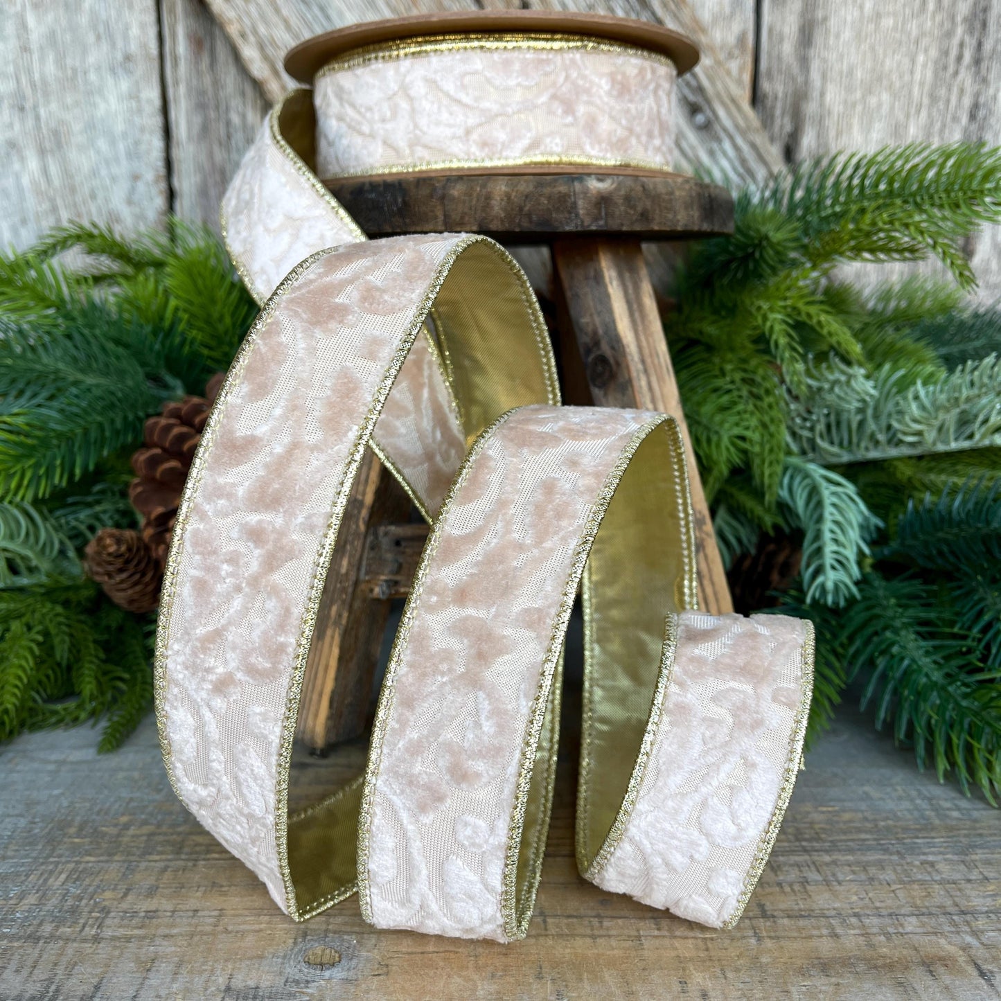 1.5" Ivory Velvet Ribbon, Ivory Ribbon, Embossed Velvet Ribbon