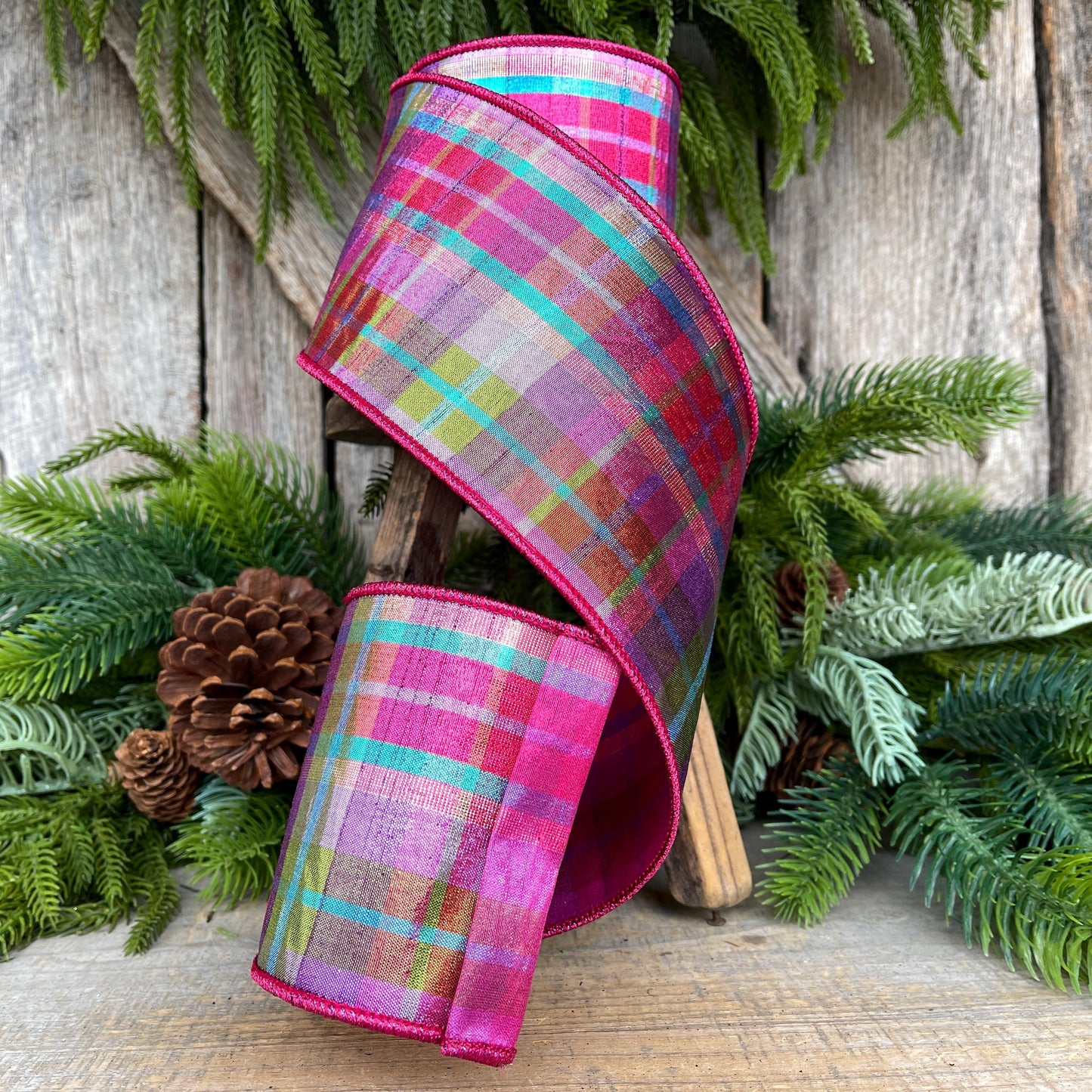 4" Christmas Pastel Candy Plaid Ribbon, Farrisilk Ribbon, Christmas Tree