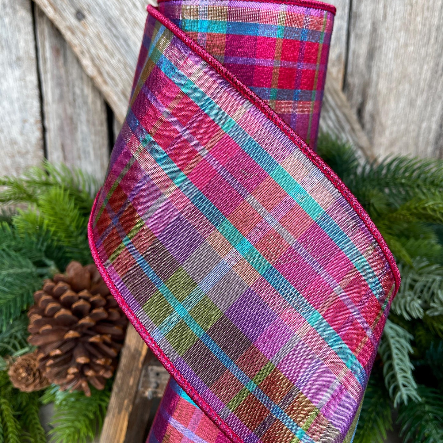4" Christmas Pastel Candy Plaid Ribbon, Farrisilk Ribbon, Christmas Tree