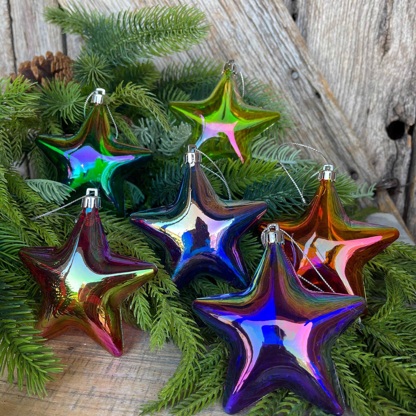 Set of 6 Star Ornaments, Iridescent Balloon Star Ornaments, Colorful Christmas Ornaments
