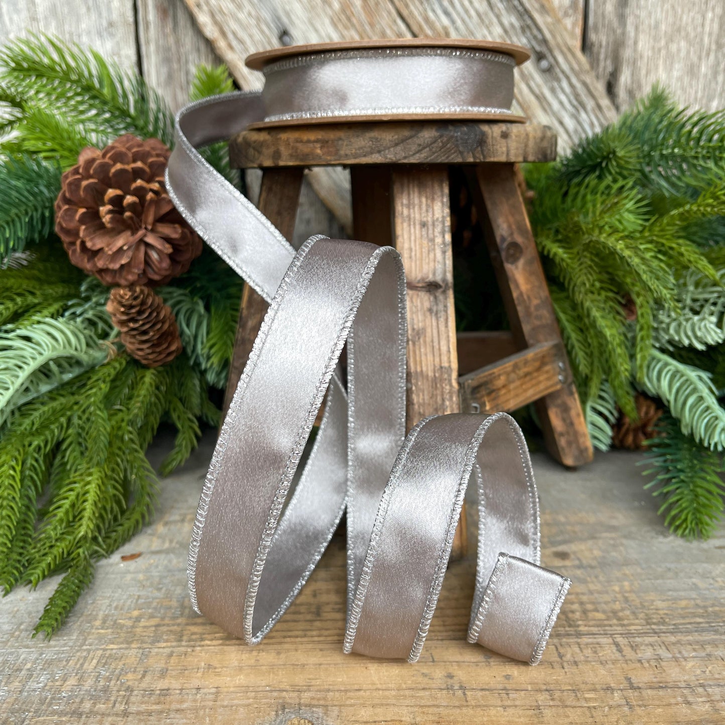 1" Silver Shimmer Satin Ribbon, Silver Satin Ribbon, Wired Ribbon