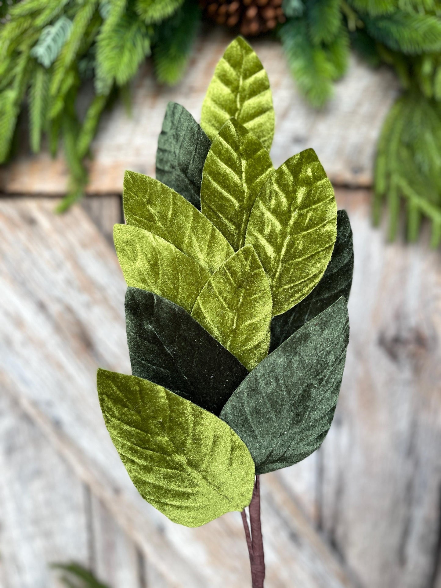 25" Green Velvet Leaf Spray, Forest Green Velvet Spray, Christmas Tree Spray, Green Magnolia Leaf Spray, 84602SP25