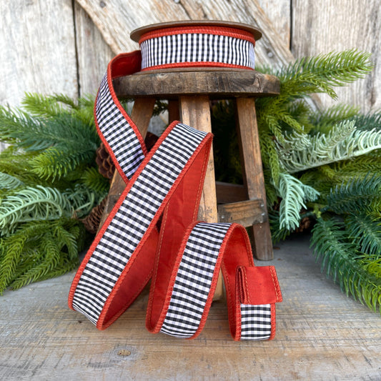 Rust Orange Check Ribbon: Black & White Mini Check, Wired Edge, 1" x 10yds
