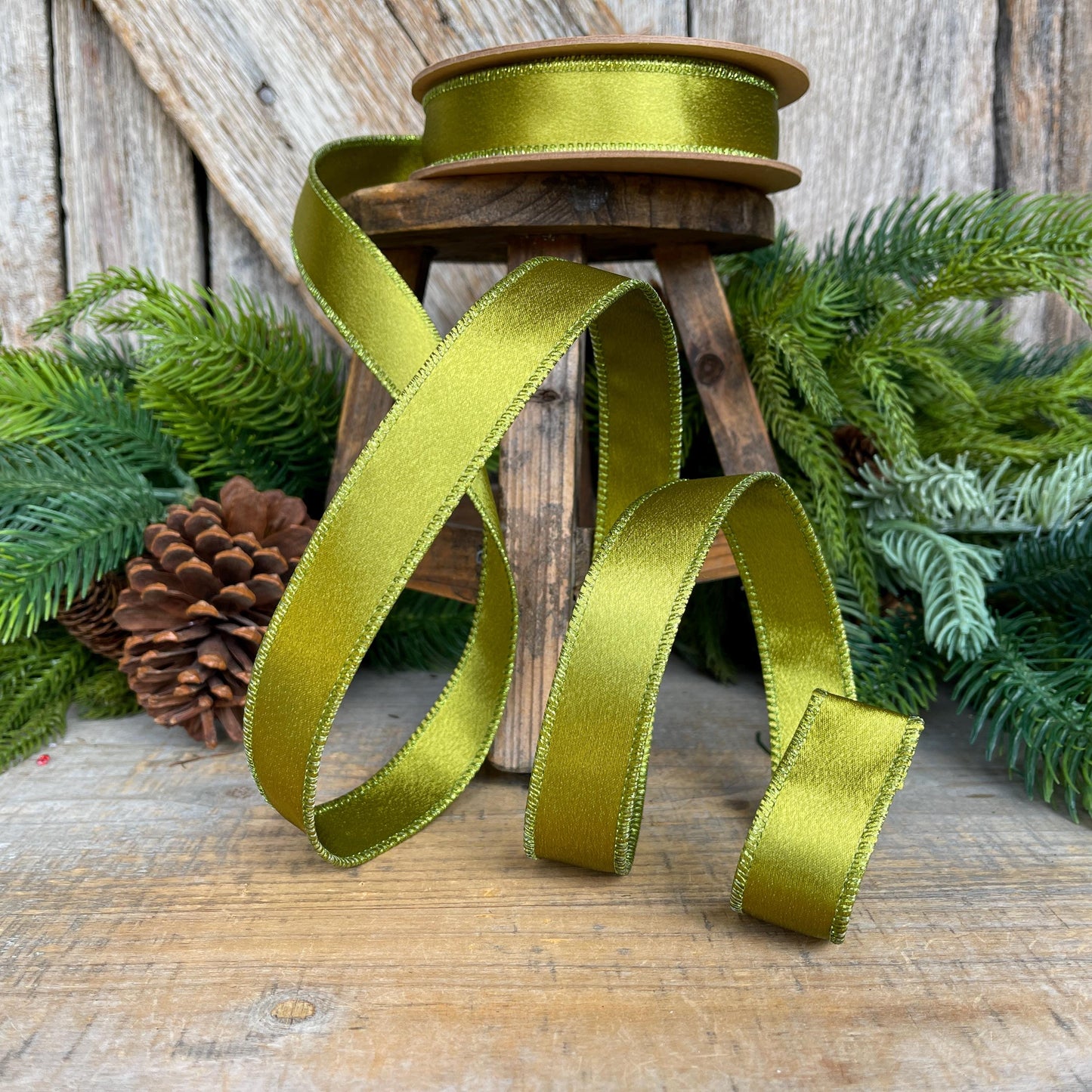 1" Moss Satin Ribbon, Christmas Ribbon, Shimmer Satin Ribbon