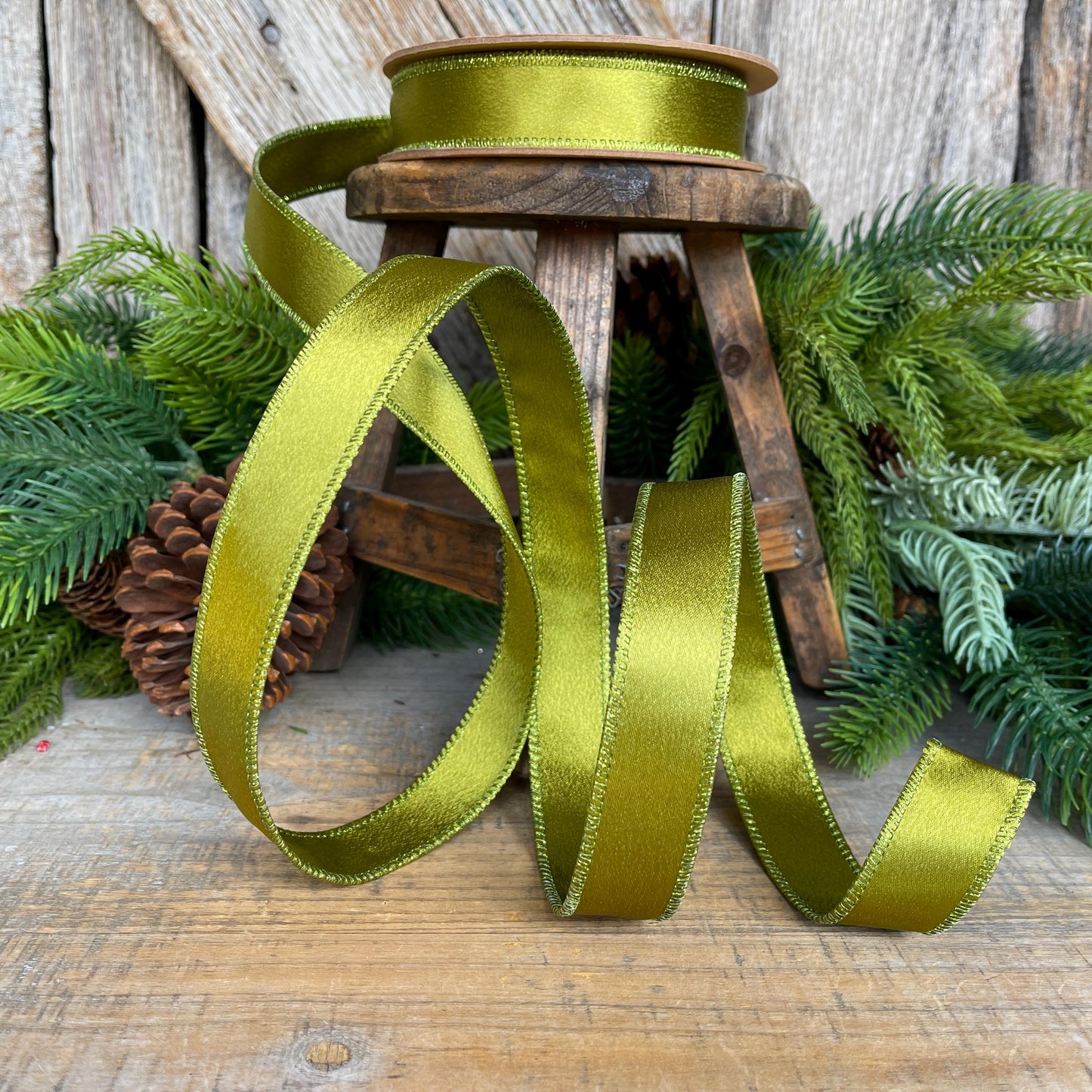 1" Moss Satin Ribbon, Christmas Ribbon, Shimmer Satin Ribbon
