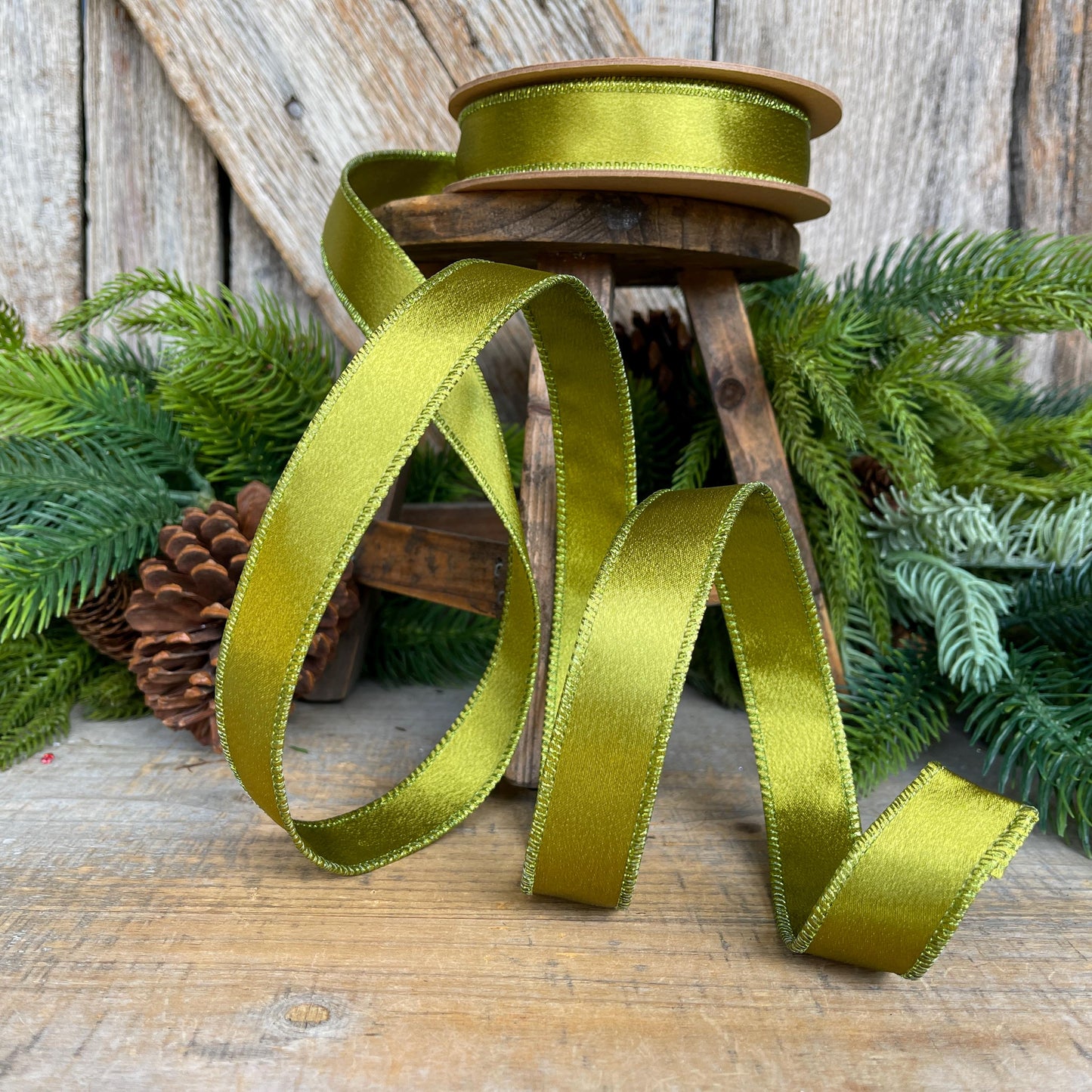 1" Moss Satin Ribbon, Christmas Ribbon, Shimmer Satin Ribbon