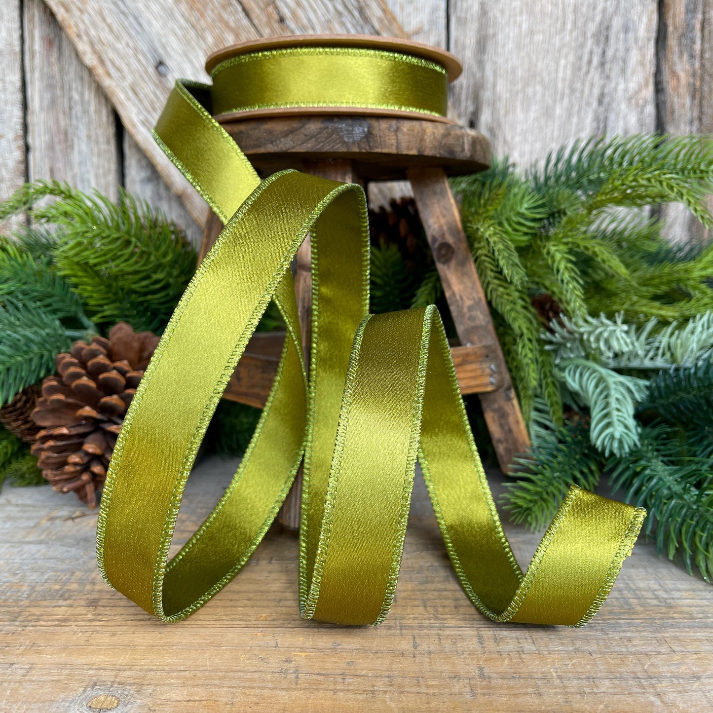 1" Moss Satin Ribbon, Christmas Ribbon, Shimmer Satin Ribbon