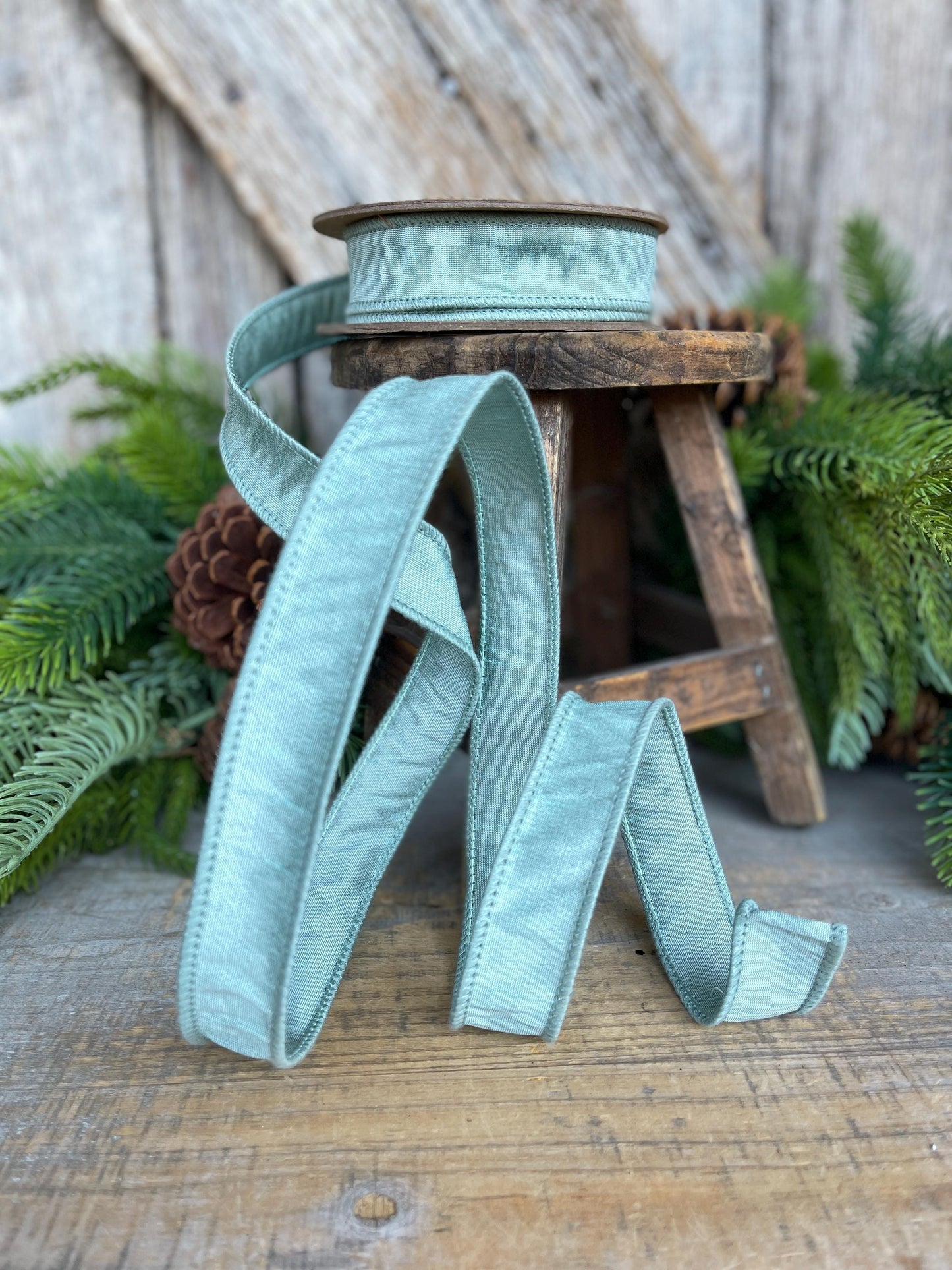 1" Seafoam Teal Dupioni Ribbon, Wired Ribbon, Teal Ribbon