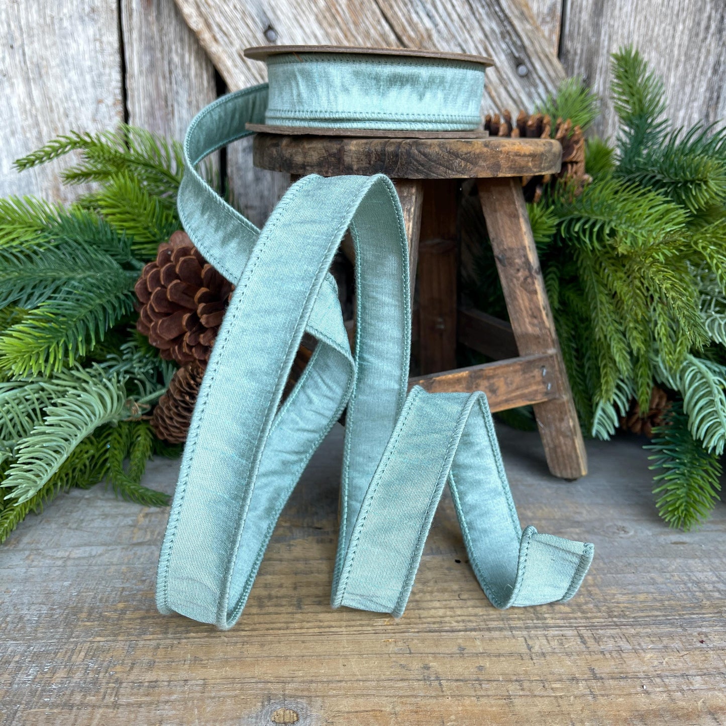 1" Seafoam Teal Dupioni Ribbon, Wired Ribbon, Teal Ribbon