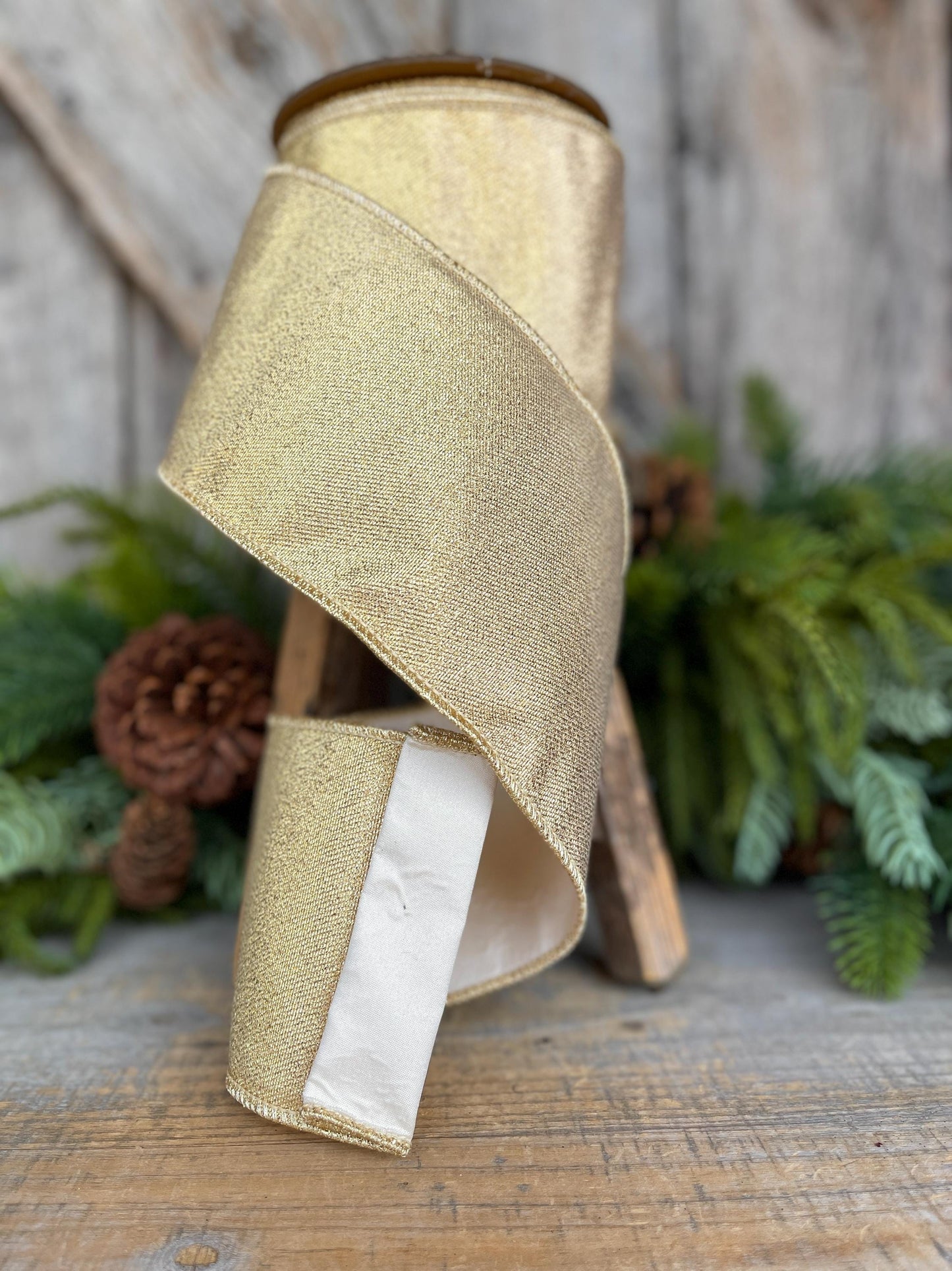 Champagne Gold Wired Ribbon, Gold Christmas Ribbon, 4" x 10yds