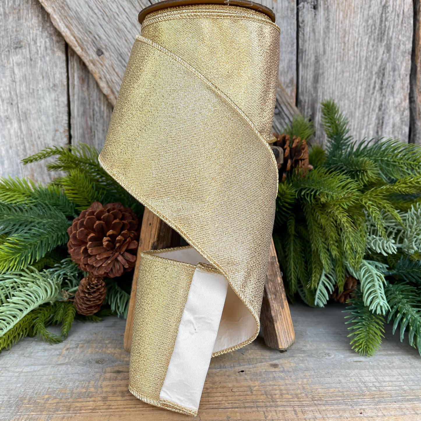 Champagne Gold Wired Ribbon, Gold Christmas Ribbon, 4" x 10yds