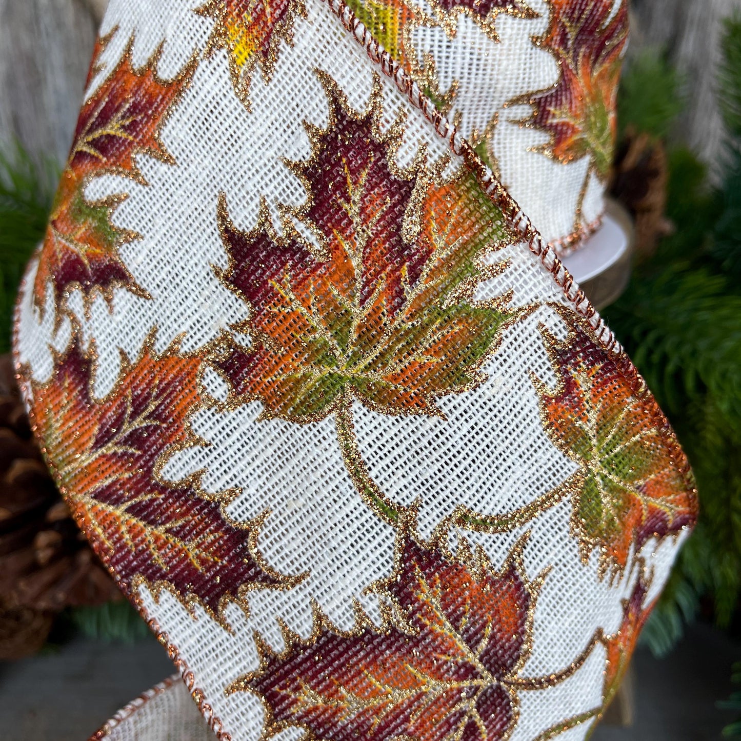 4" Fall Leaves Ribbon, Burlap Fall Leaf Ribbon, Fall Decor