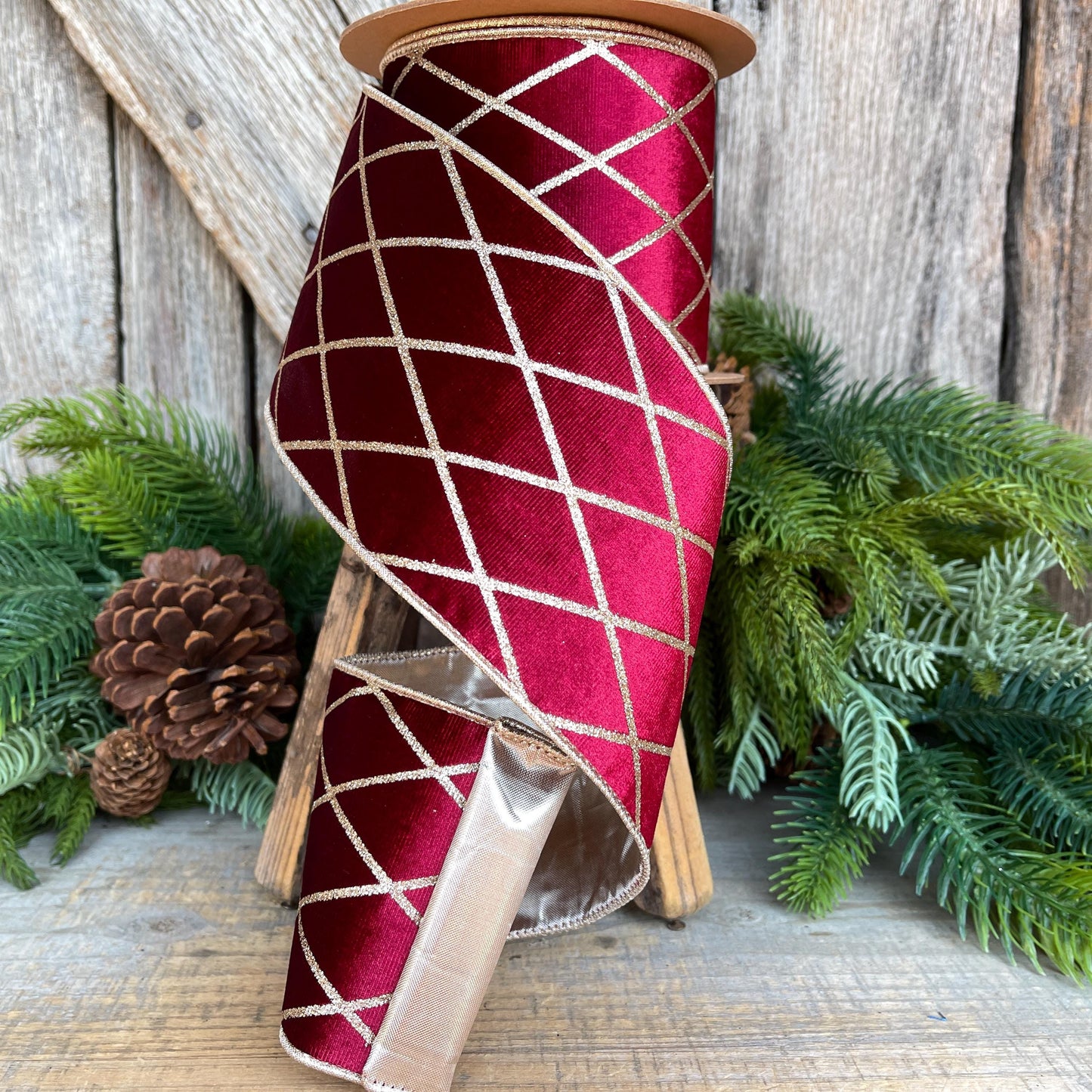 Burgundy Velvet Wired Ribbon, Burgundy Gold Lattice Ribbon Christmas Tree & Holiday Decor, 4" x 10yds