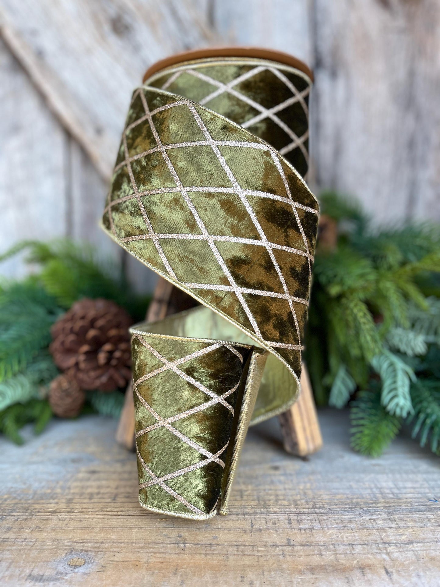 Dark Moss Green Velvet Wired Ribbon, Green Gold Lattice Ribbon Christmas Tree & Holiday Decor, 4" x 10yds