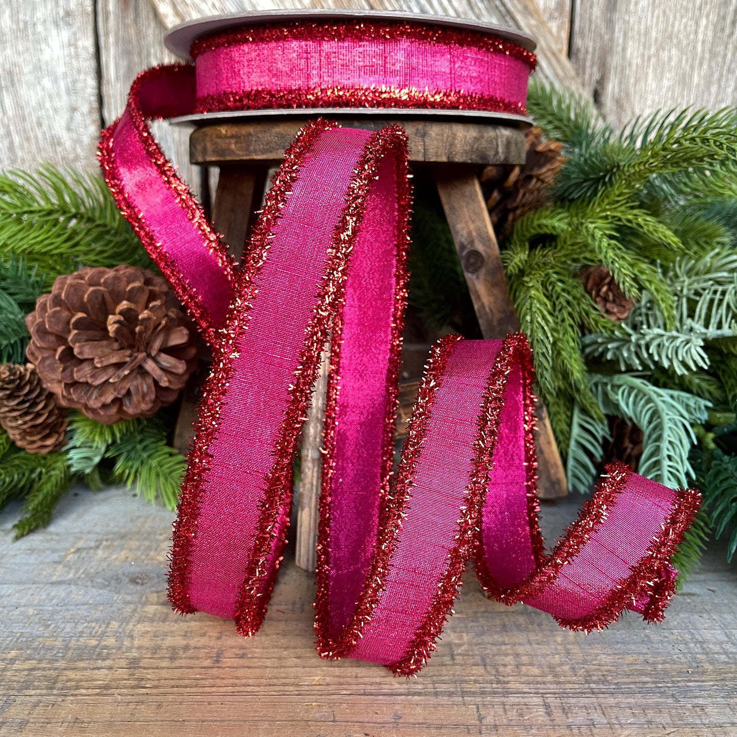 1" Hot Pink & Red Tinsel Ribbon, Christmas Ribbon, Farrisilk ribbon