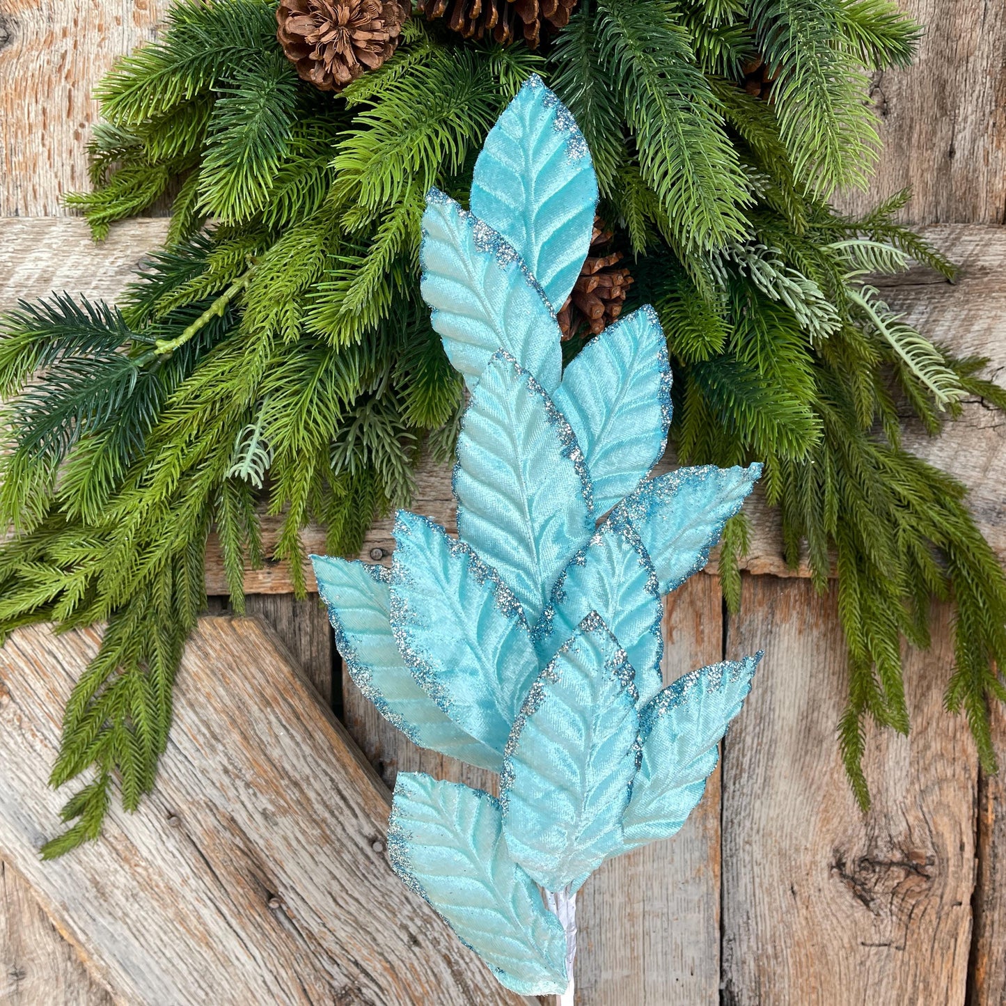 25" Light Blue Velvet Leaf Spray, Christmas Floral Stem