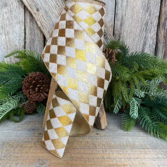 4" Gold Harlequin Ribbon, Velvet Diamond Ribbon, Gold and Cream Harlequin Ribbon