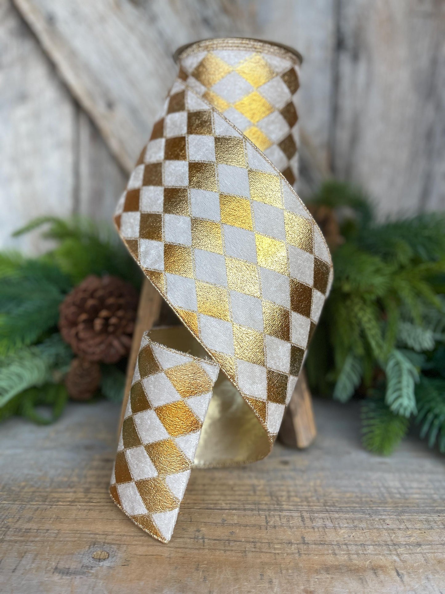 4" Gold Harlequin Ribbon, Velvet Diamond Ribbon, Gold and Cream Harlequin Ribbon
