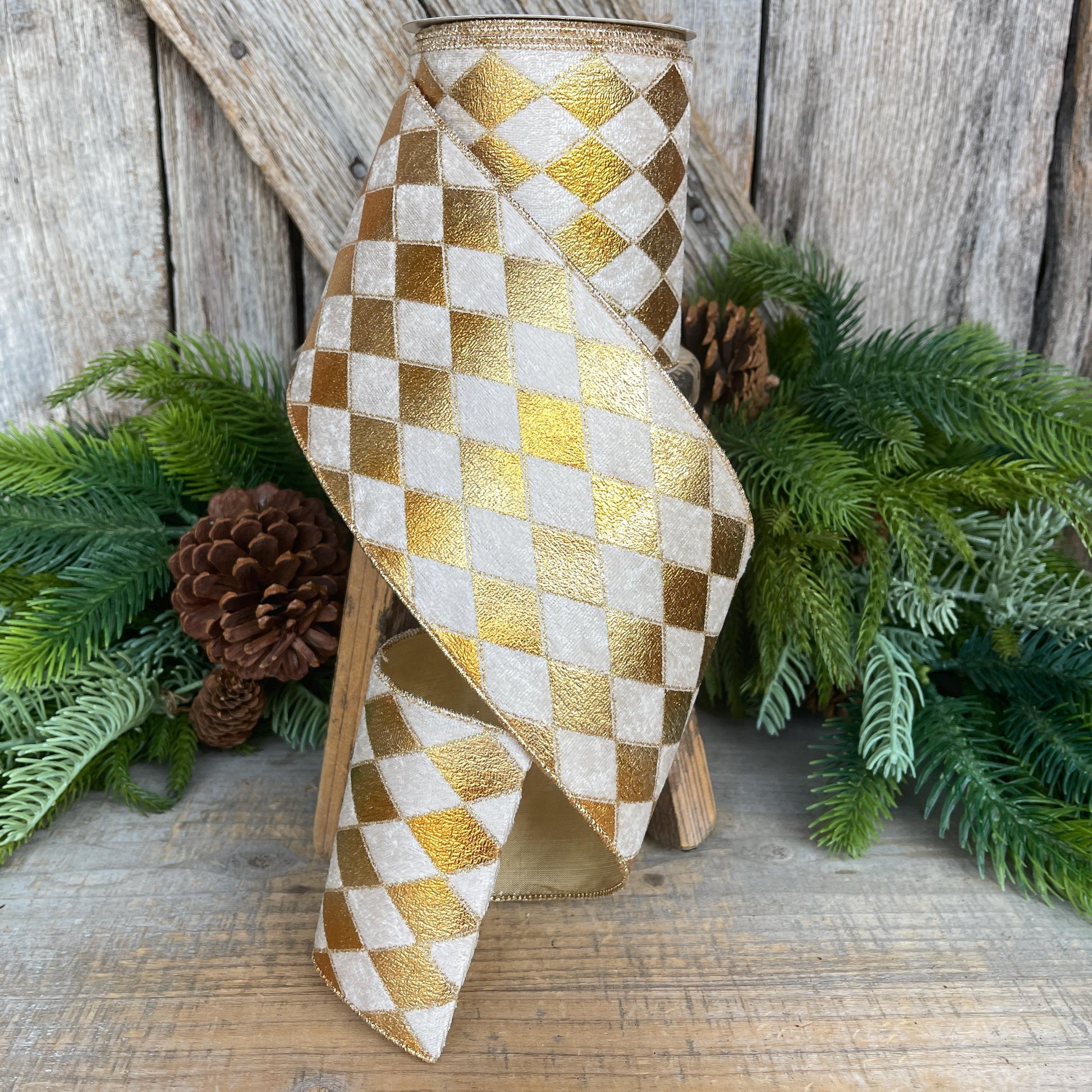 4" Gold Harlequin Ribbon, Velvet Diamond Ribbon, Gold and Cream Harlequin Ribbon