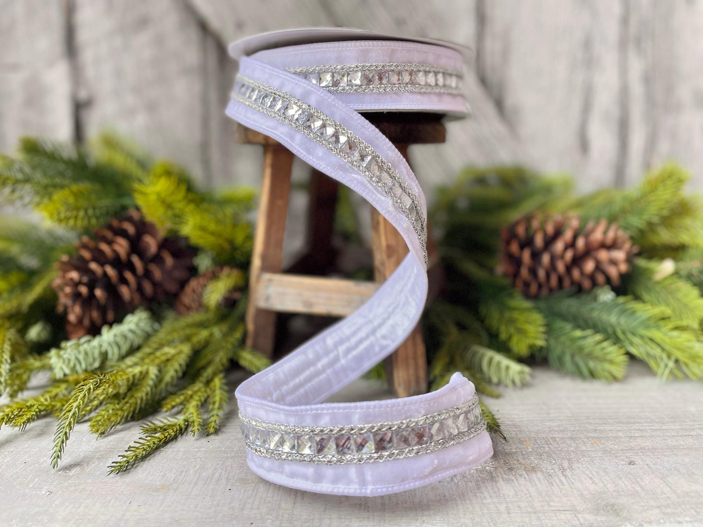 1.5" White Gemstones, Farrisilk, White Jeweled RIbbon