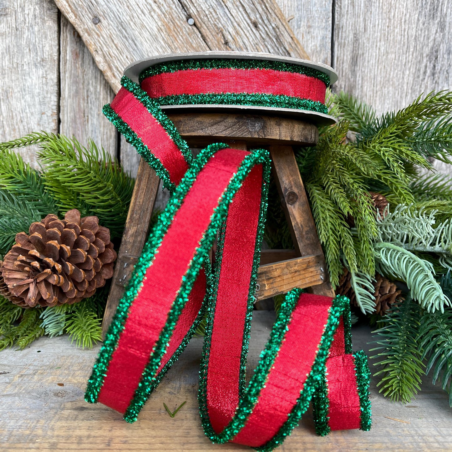 1" Red & Green Tinsel Ribbon, Christmas Ribbon, Farrisilk ribbon