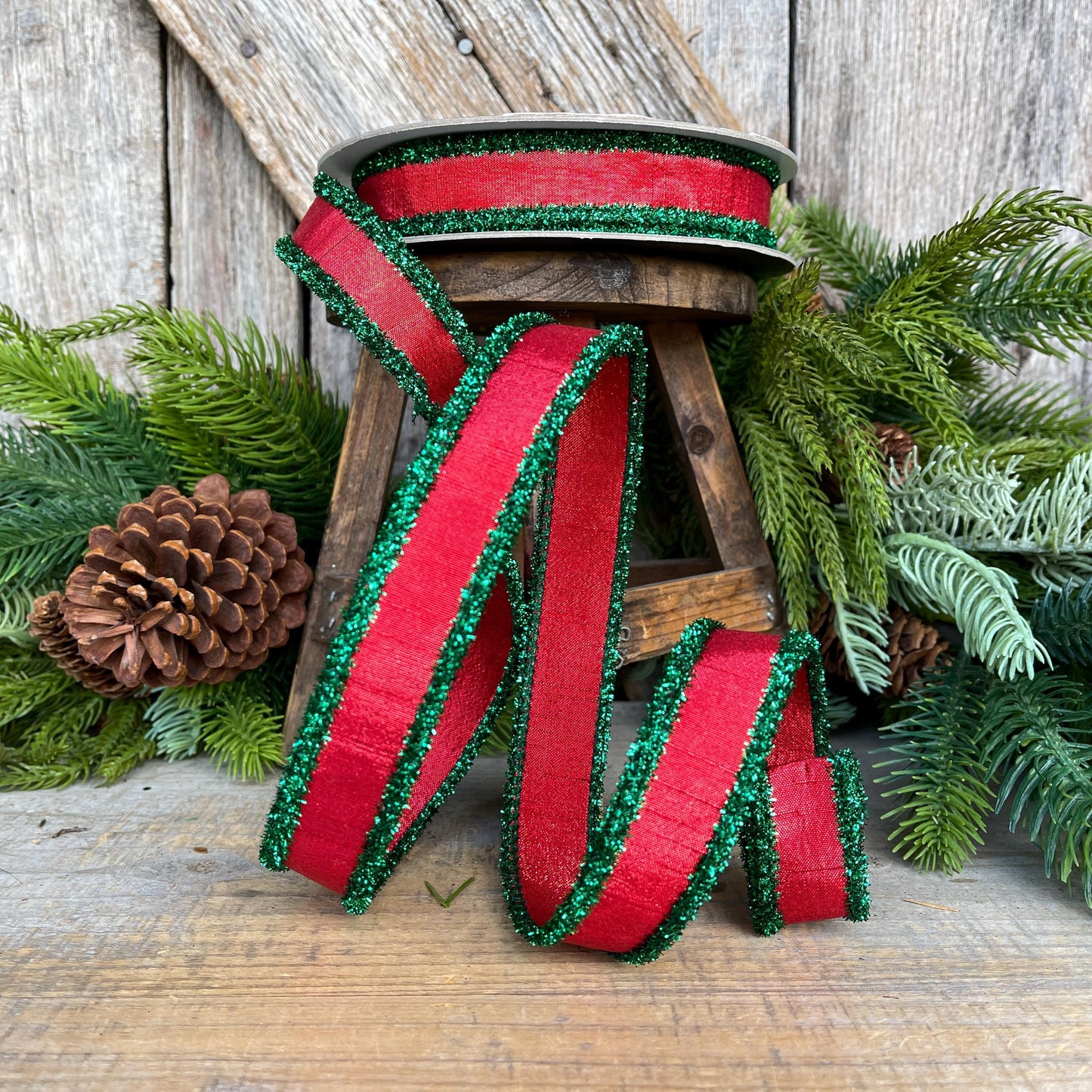 1" Red & Green Tinsel Ribbon, Christmas Ribbon, Farrisilk ribbon
