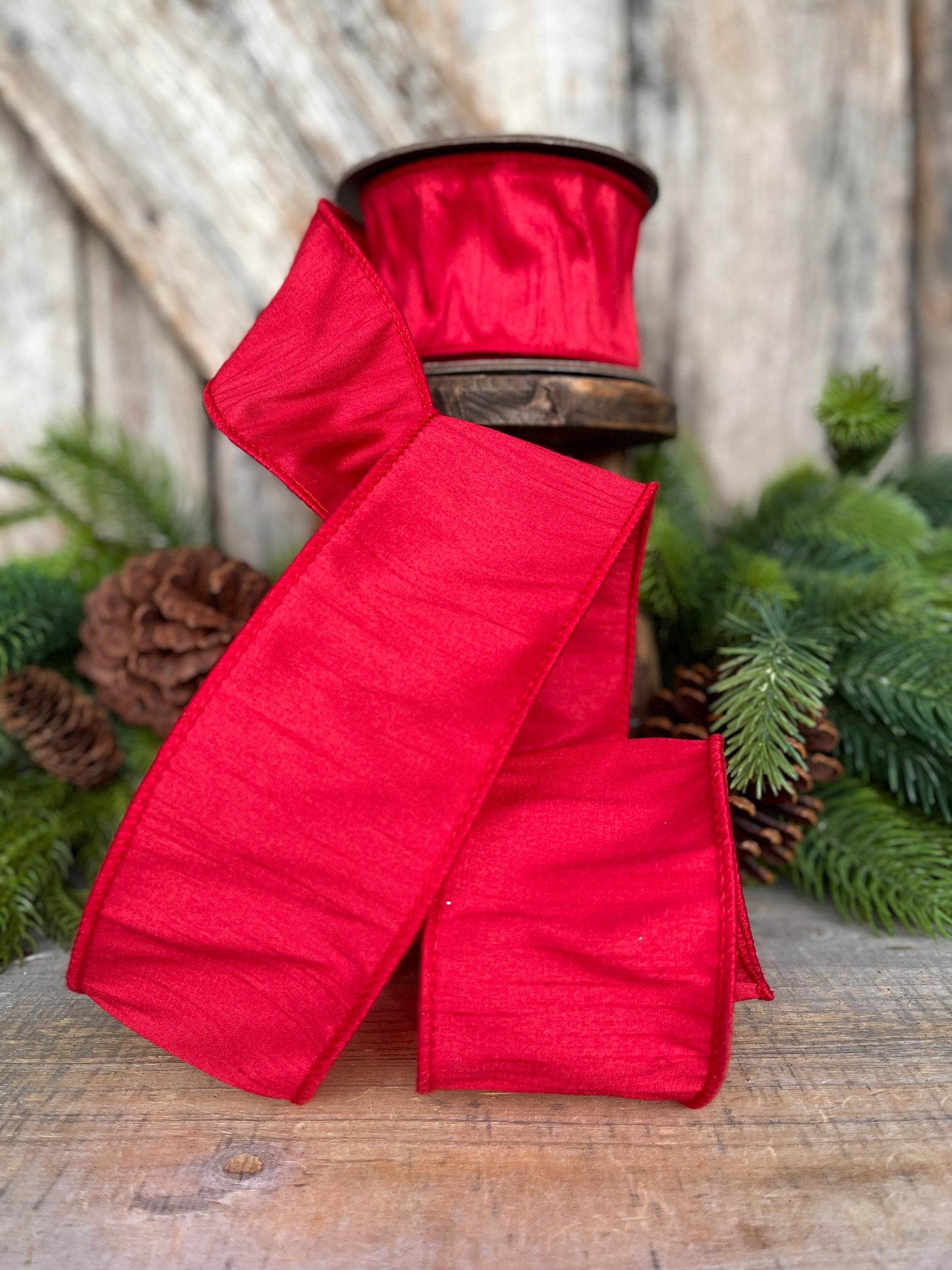 2.5" Red Dupion Ribbon, Red Ribbon, Christmas Ribbon, Wide Ribbon, Wreath Supply