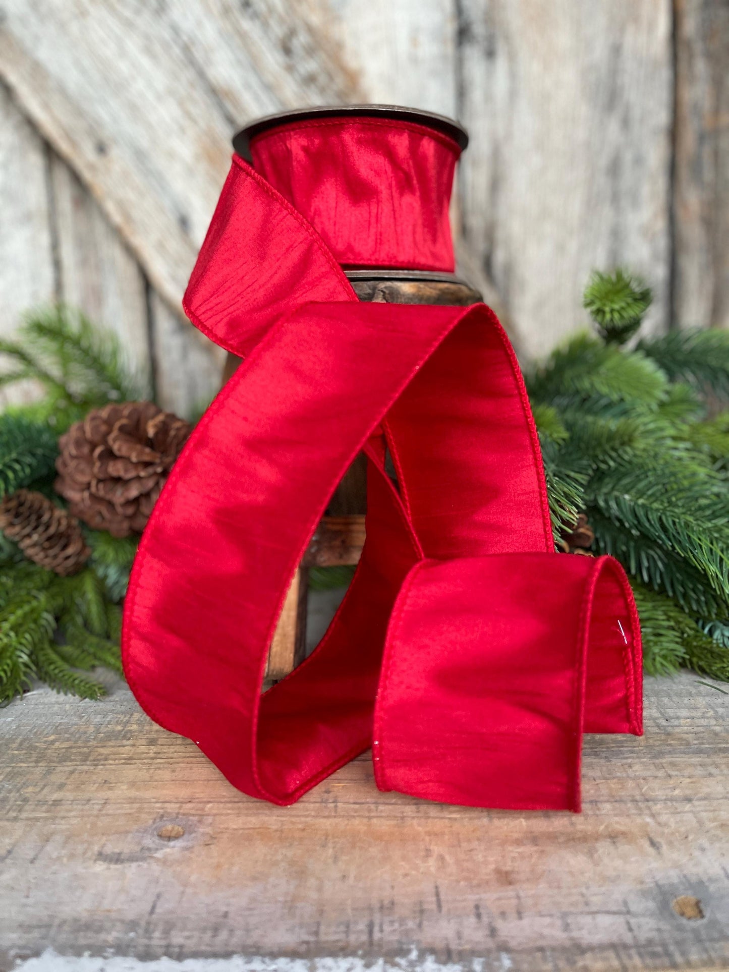 2.5" Red Dupion Ribbon, Red Ribbon, Christmas Ribbon, Wide Ribbon, Wreath Supply