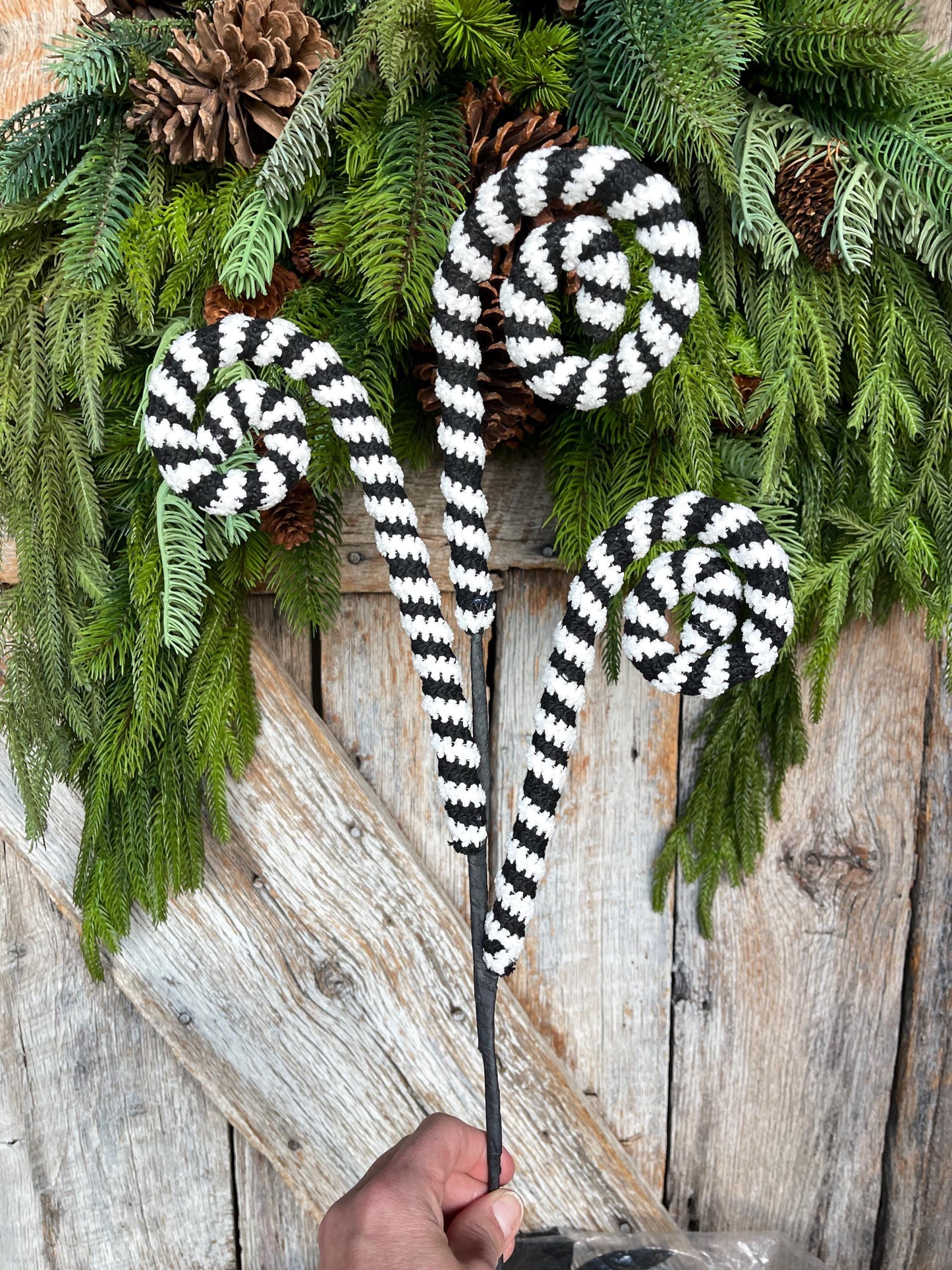 27" Black White Striped Curly Spray, Halloween Spray, Floral Spray