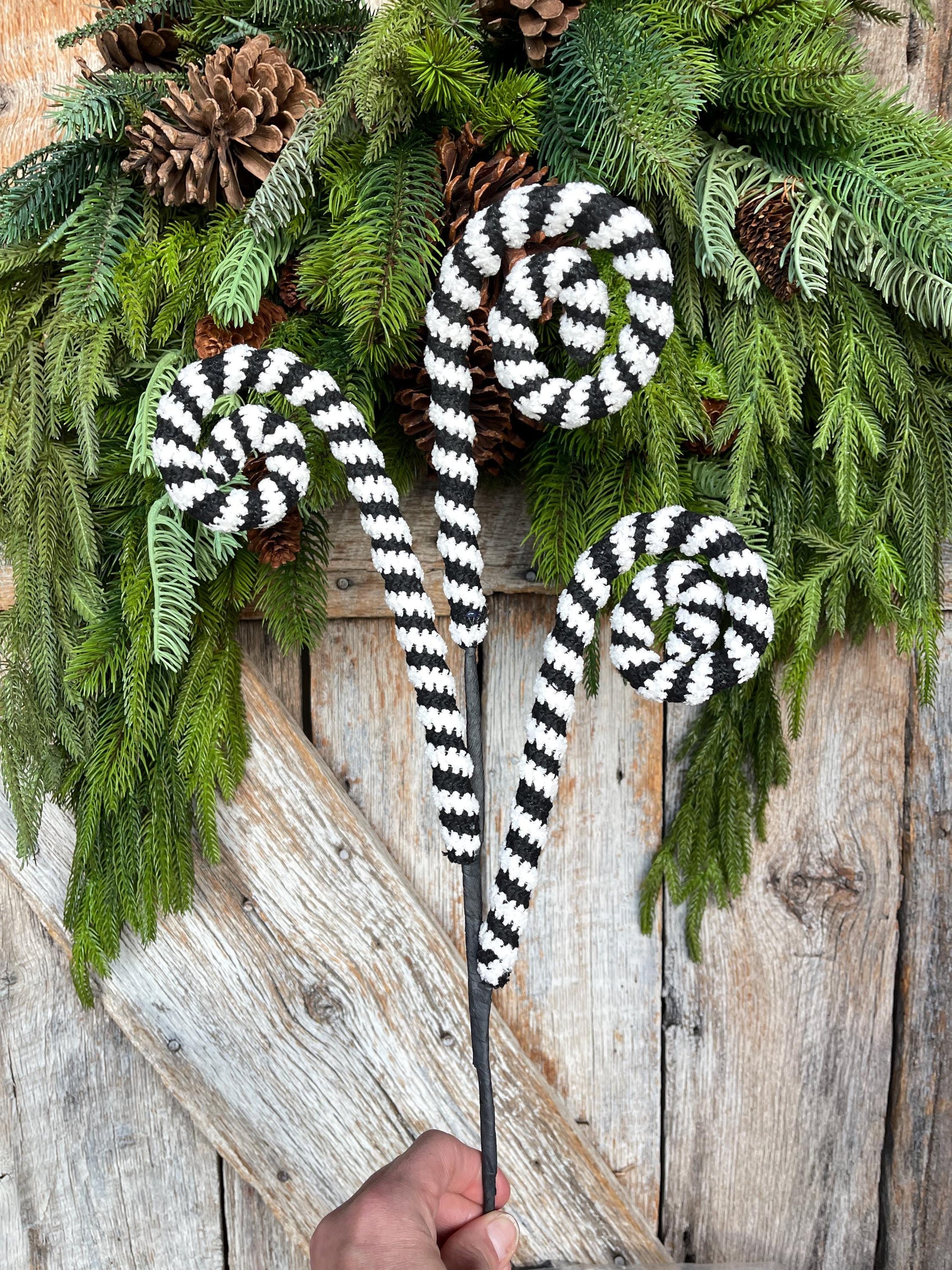 27" Black White Striped Curly Spray, Halloween Spray, Floral Spray