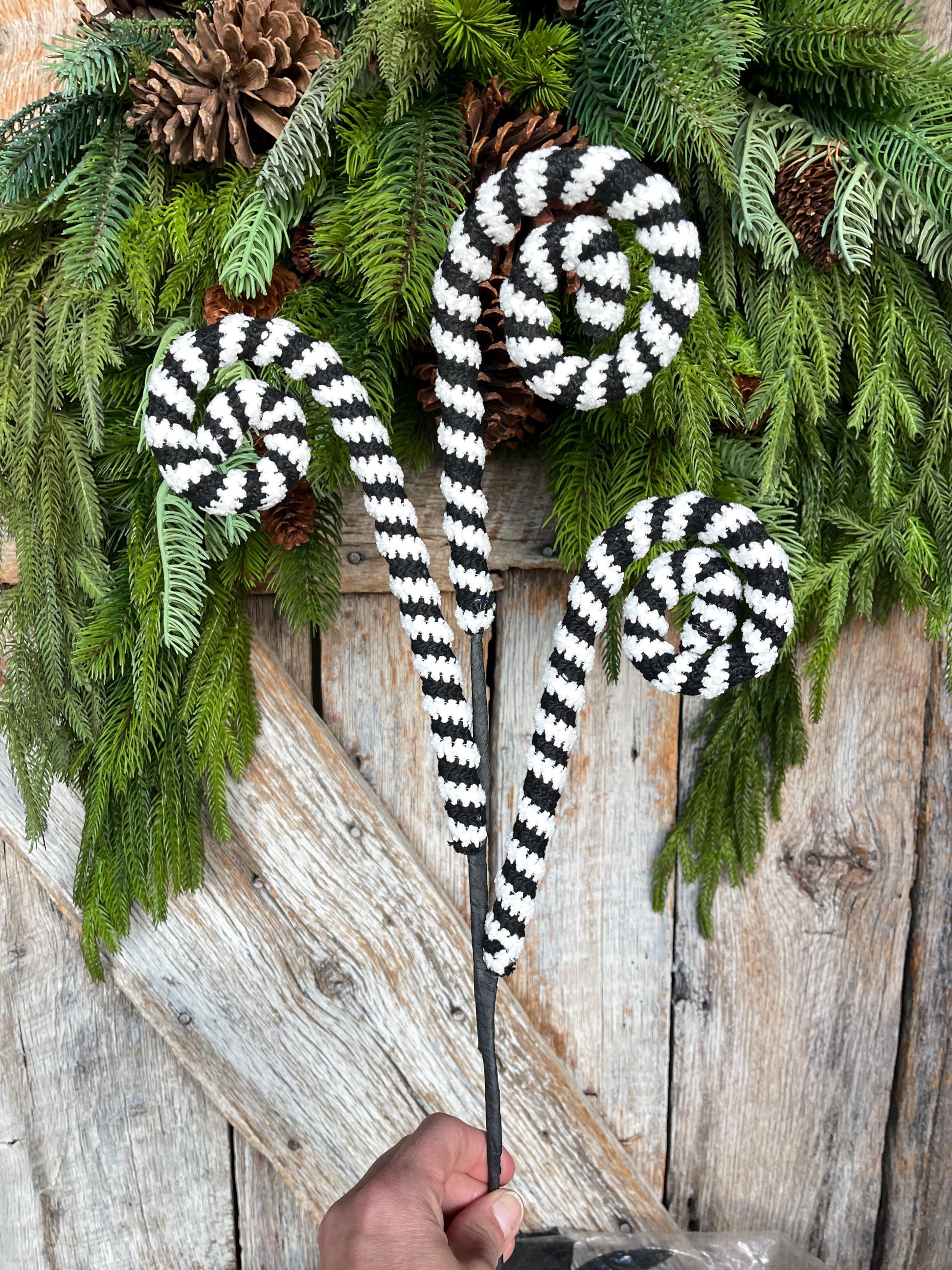 27" Black White Striped Curly Spray, Halloween Spray, Floral Spray