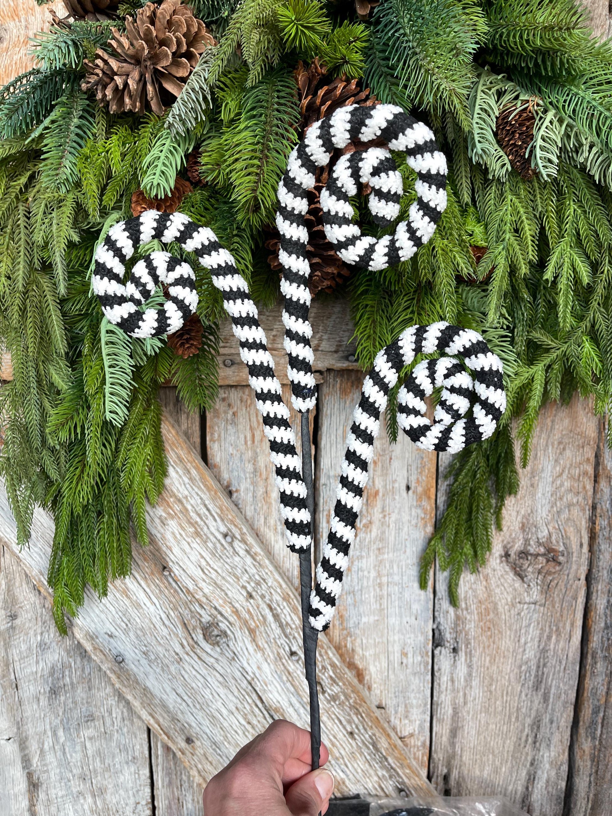 27" Black White Striped Curly Spray, Halloween Spray, Floral Spray