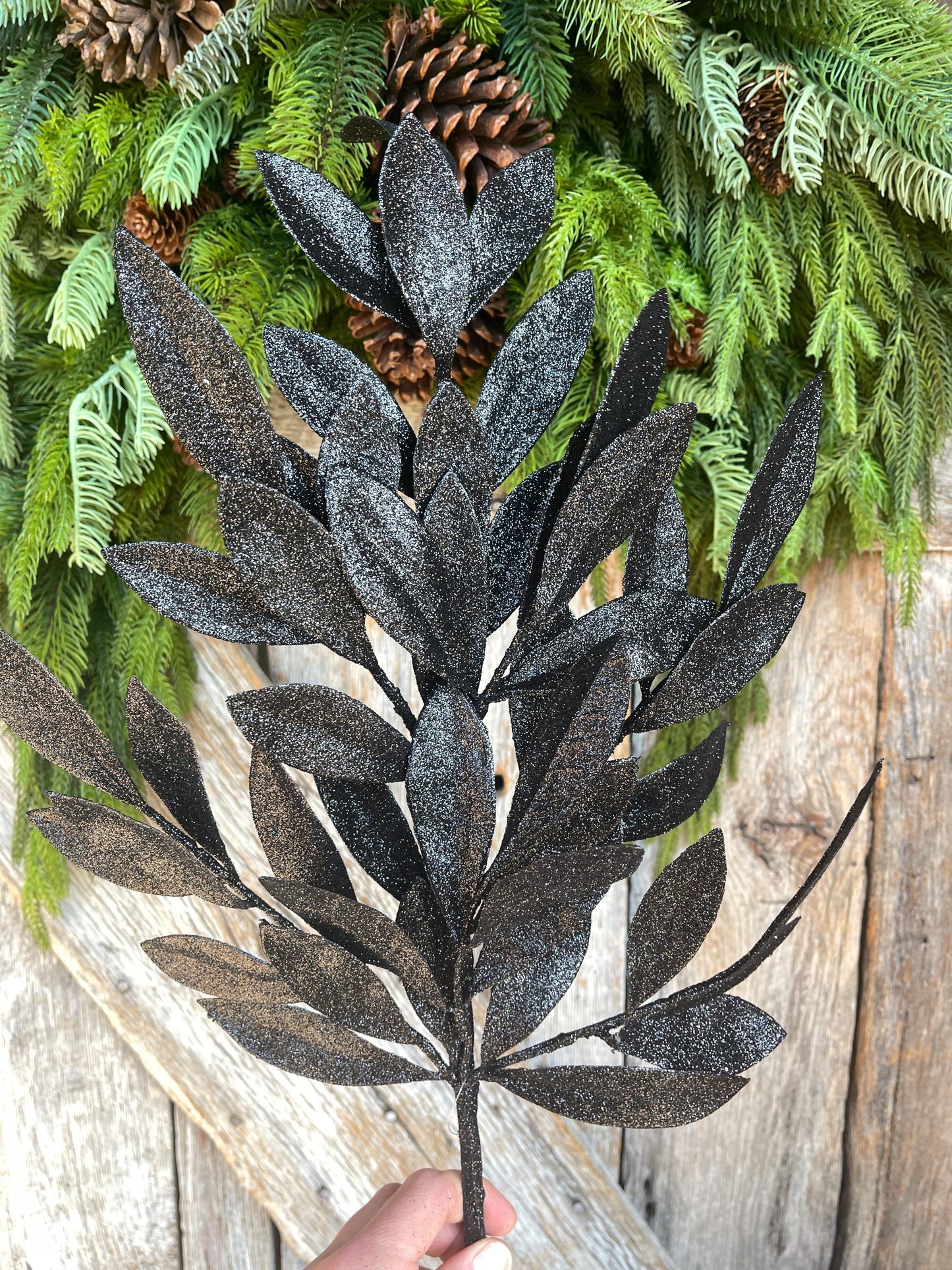 23" Black Bay Leaf Glitter Spray, Black Glitter Spray, Christmas Leaf Spray