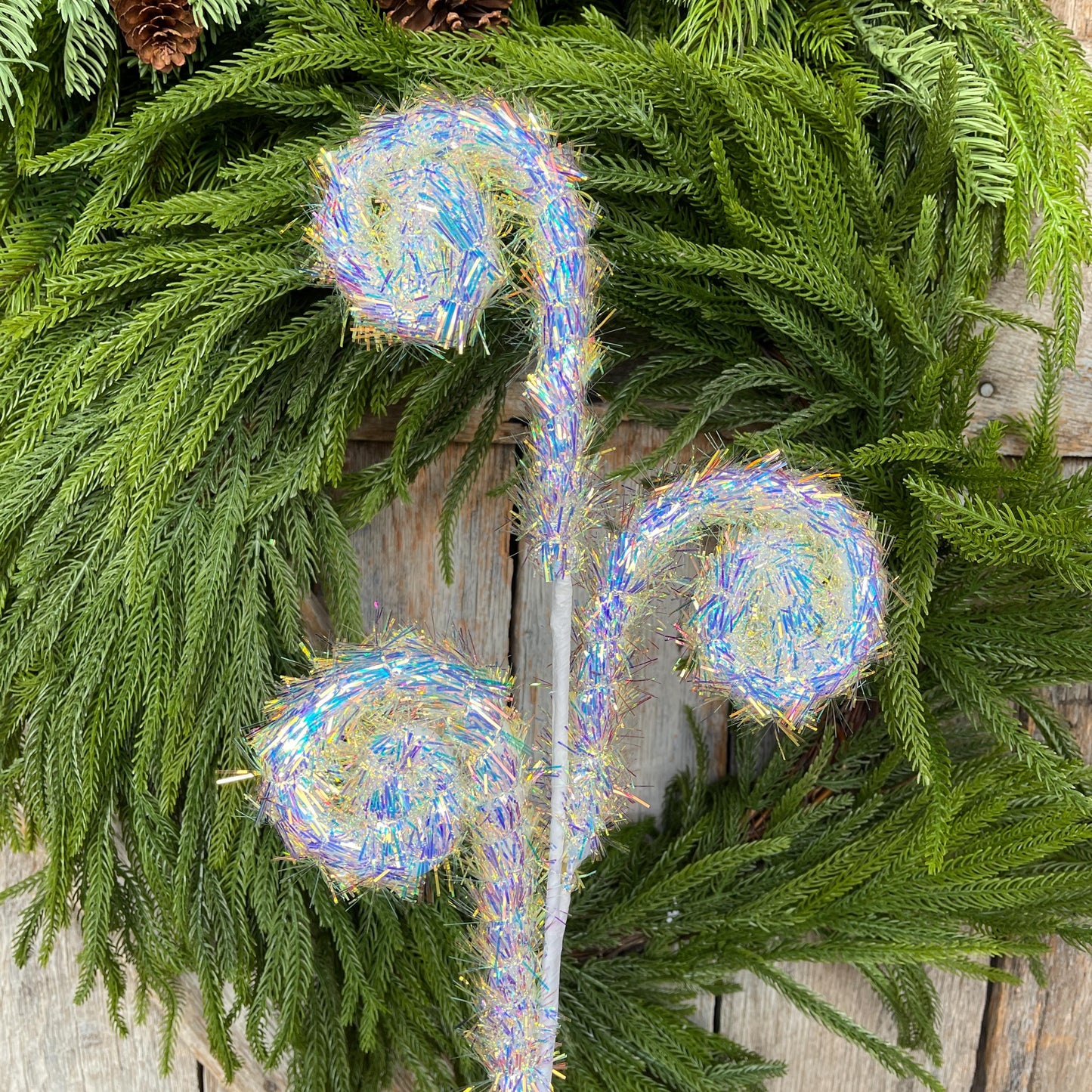 30" White Iridescent Fuzzy Curly Spray, Christmas Tree Spray
