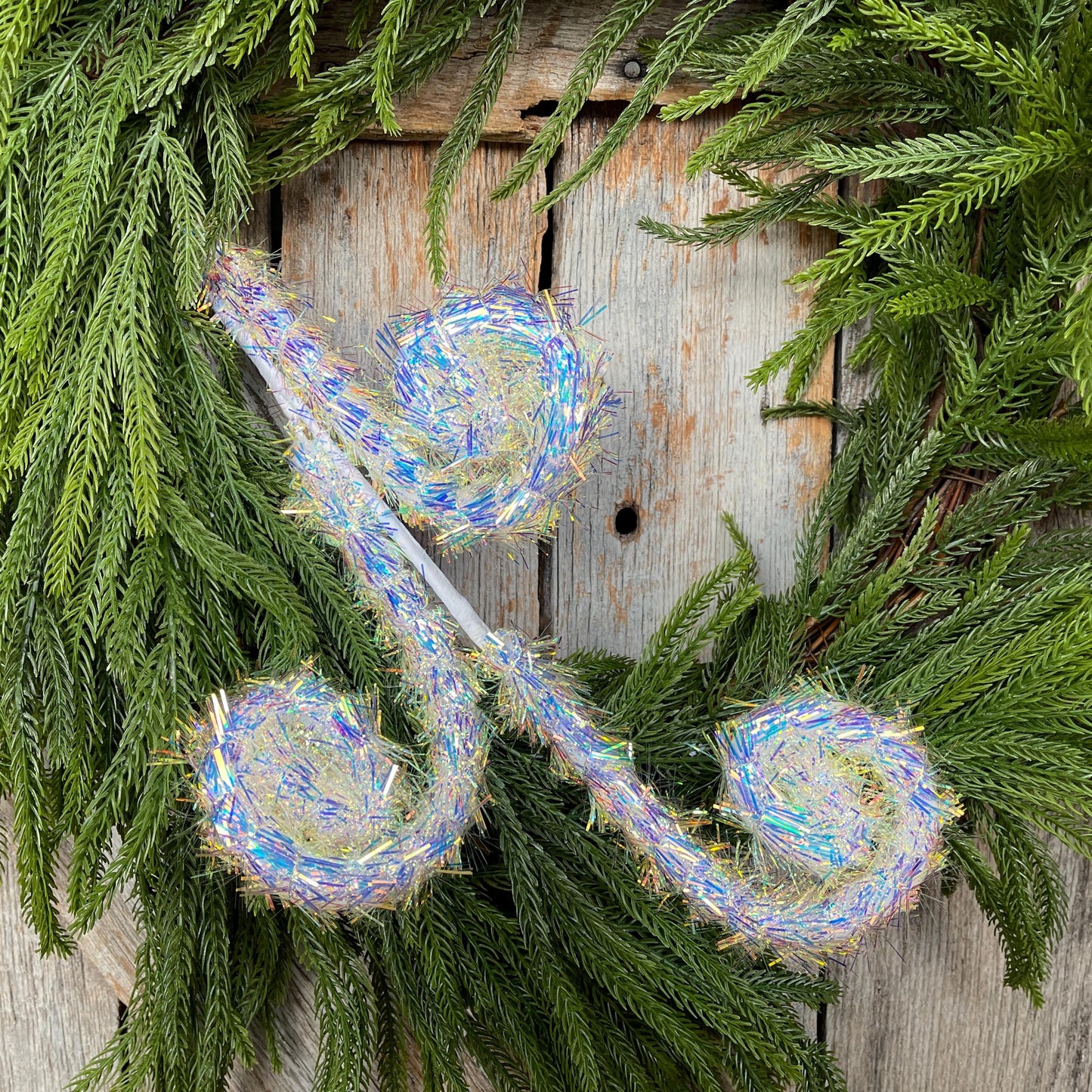 30" White Iridescent Fuzzy Curly Spray, Christmas Tree Spray