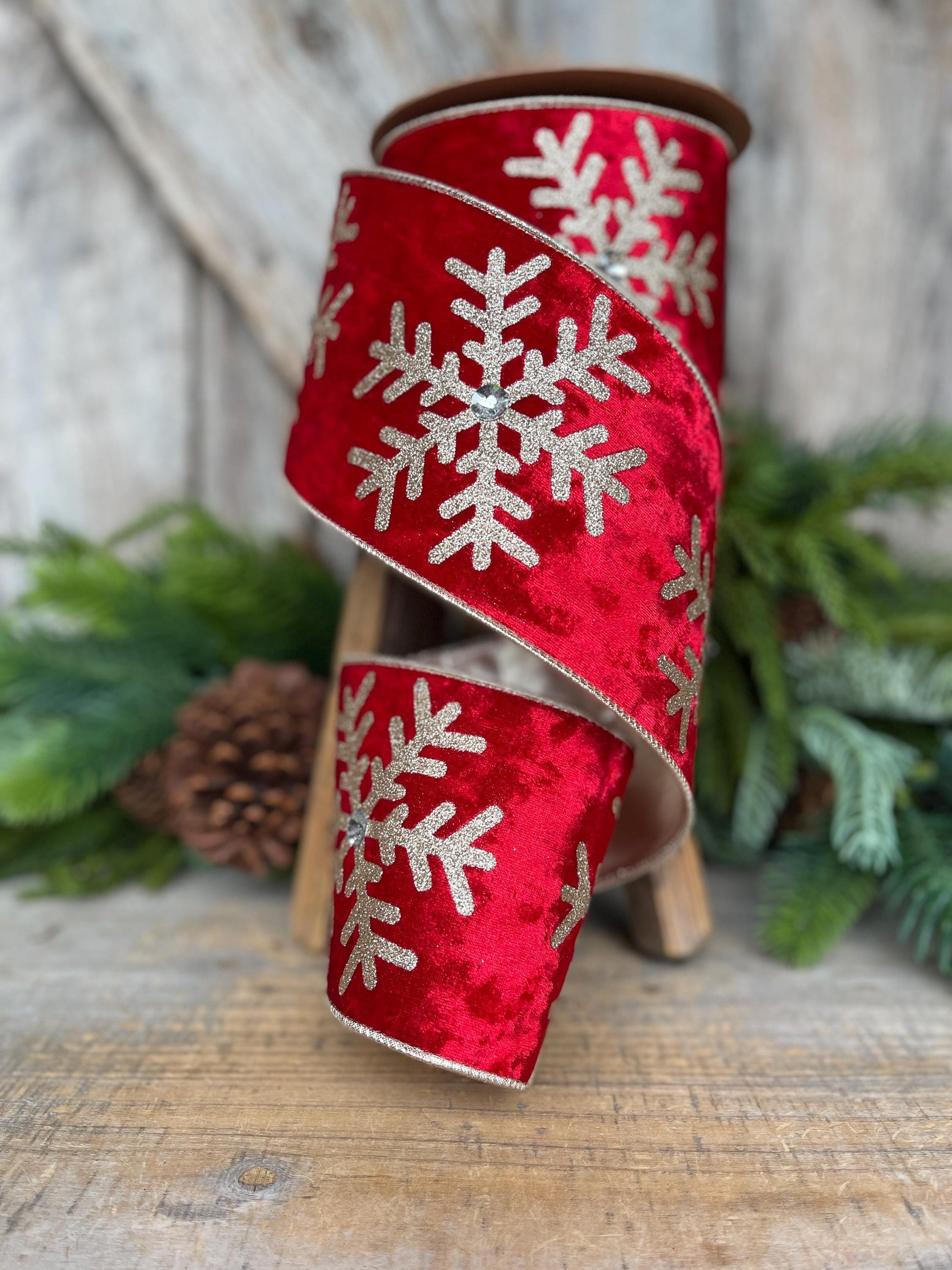 Red Velvet Snowflake Ribbon, Red Gold Ribbon, Christmas Ribbon