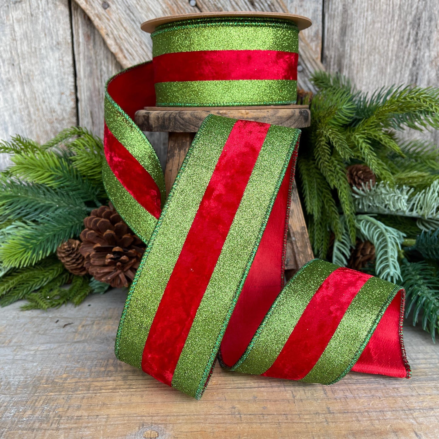 2.5" Red & Lime Green Velvet Ribbon, Whimsical Christmas Ribbon