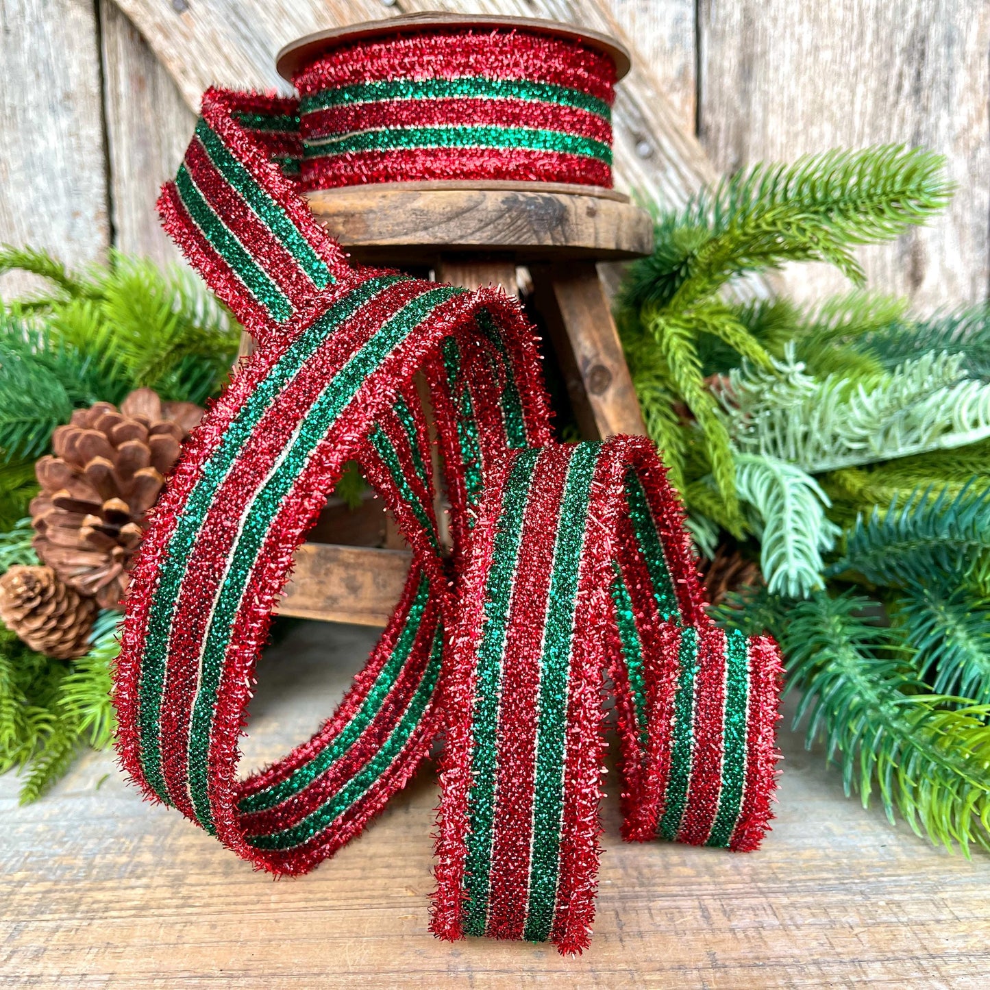 1.5" Red & Green Tinsel Ribbon, Christmas Ribbon, Christmas Tree Ribbon