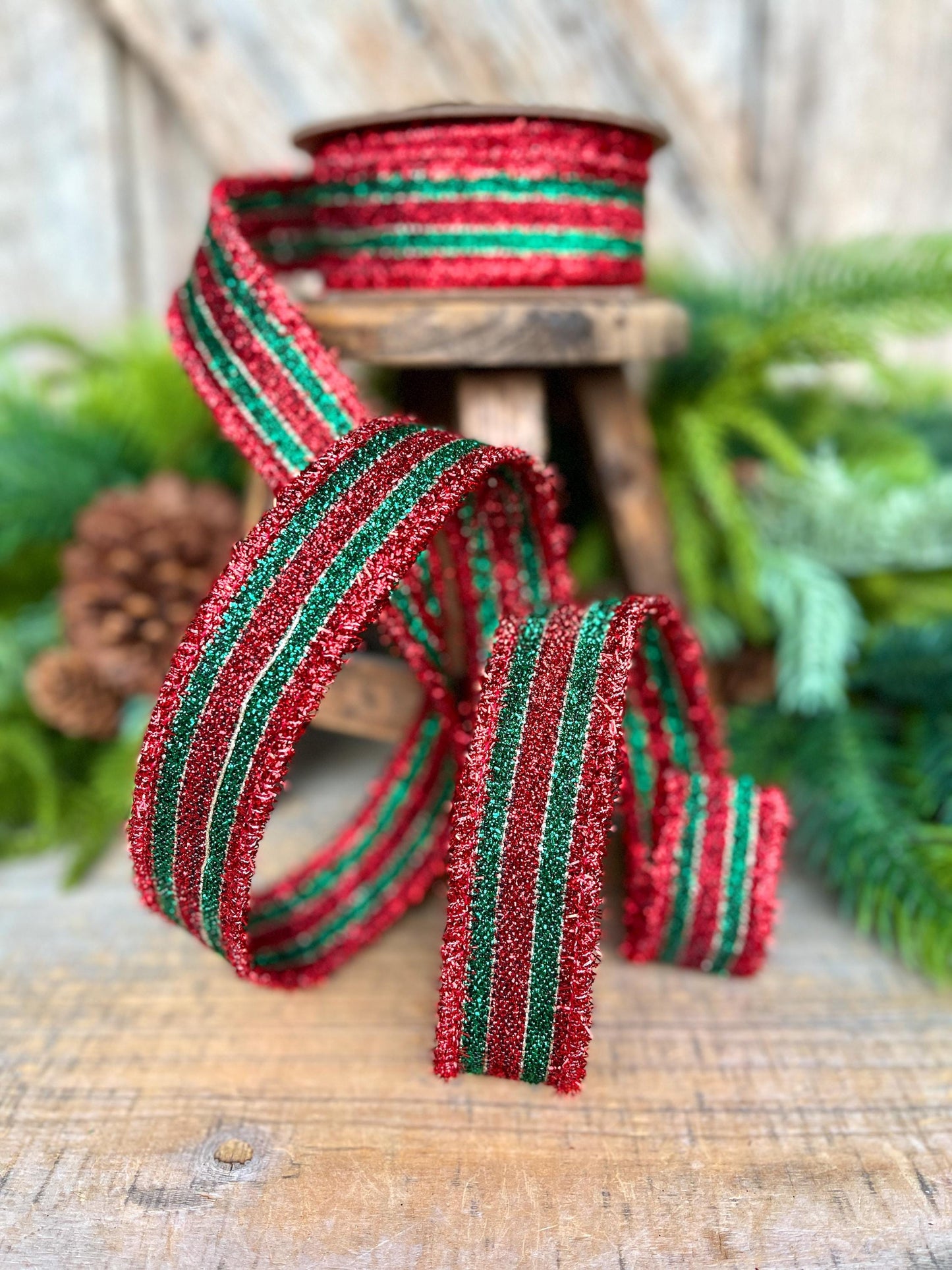 1.5" Red & Green Tinsel Ribbon, Christmas Ribbon, Christmas Tree Ribbon
